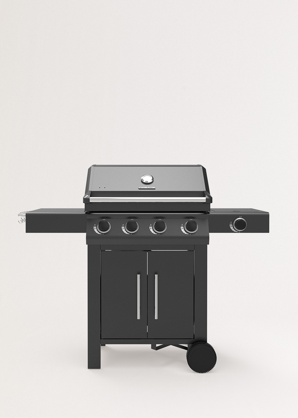 Una parrilla de gas negra con cuatro quemadores, dos estantes laterales y doble puerta.
