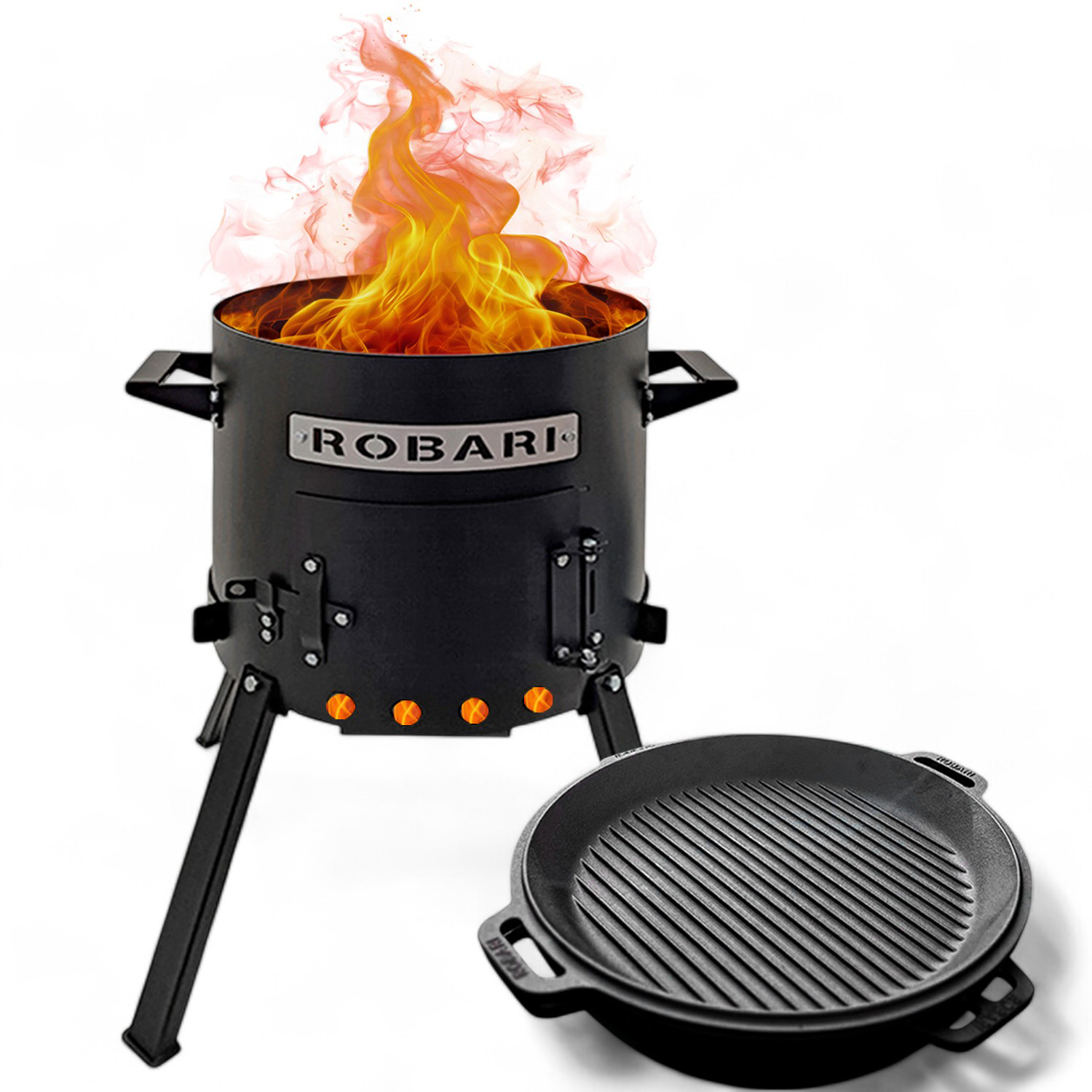 Schwarzer Grill mit Flammen und einer Bratpfanne daneben.