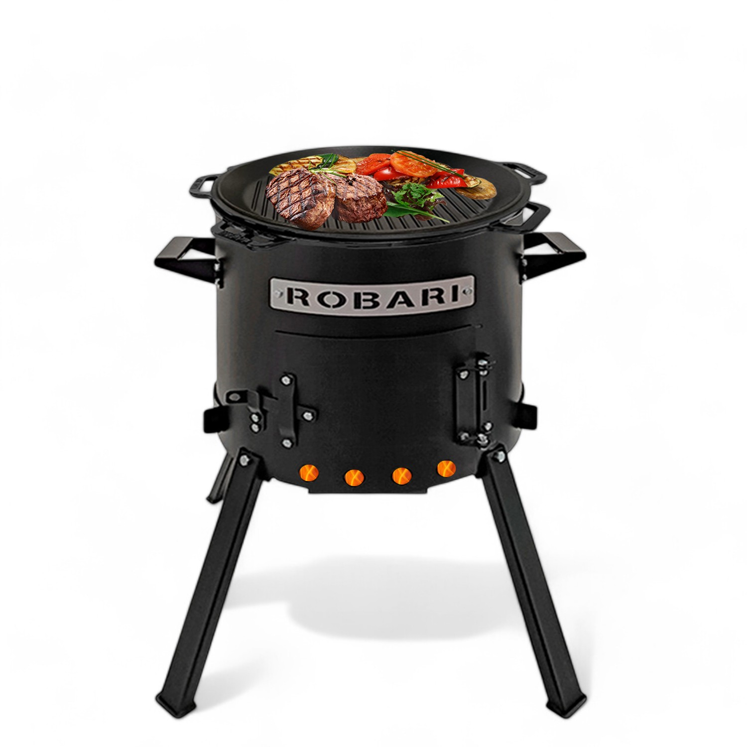 Schwarzer Grill mit Fleisch und Gemüse auf dem Rost über orangen Flammen.