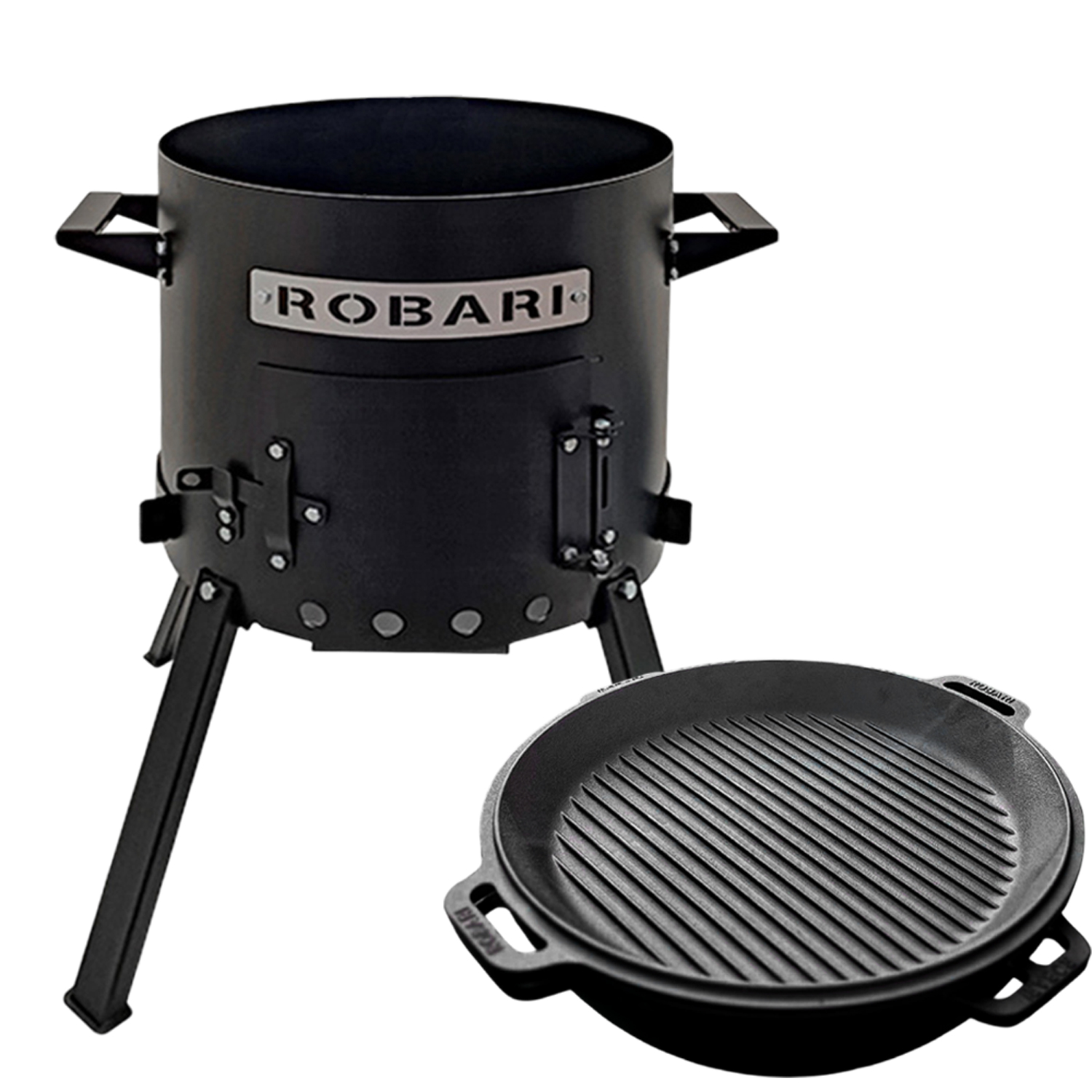 Ein schwarzer Robari Grill mit separater Gusseisen-Grillpfanne.