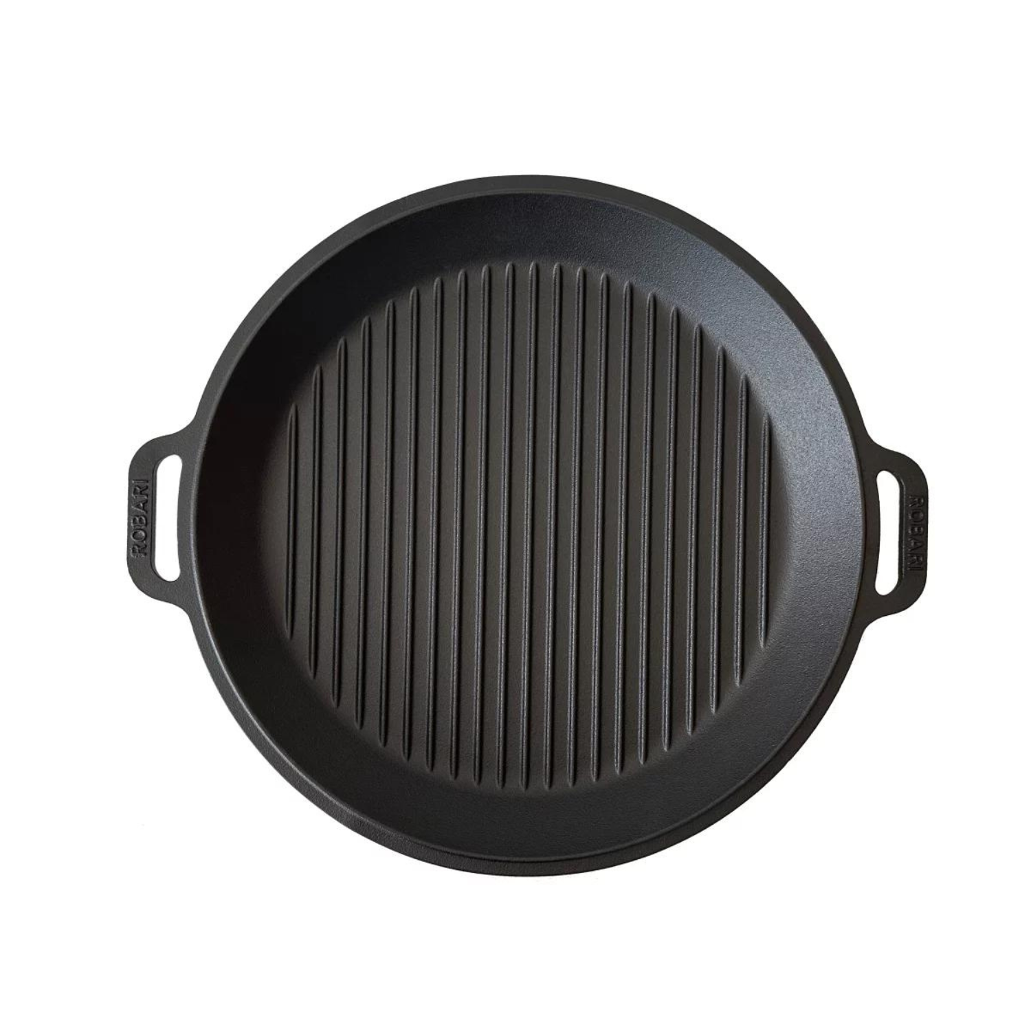 Eine schwarze Gusseisen-Grillpfanne mit gerippter Oberfläche und zwei Griffen.