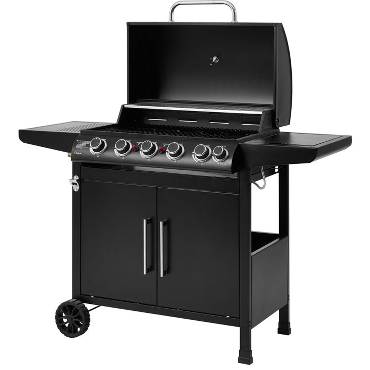 Ein schwarzer Gasgrill mit offenem Deckel, sechs Brennerknöpfen und zwei Türen.