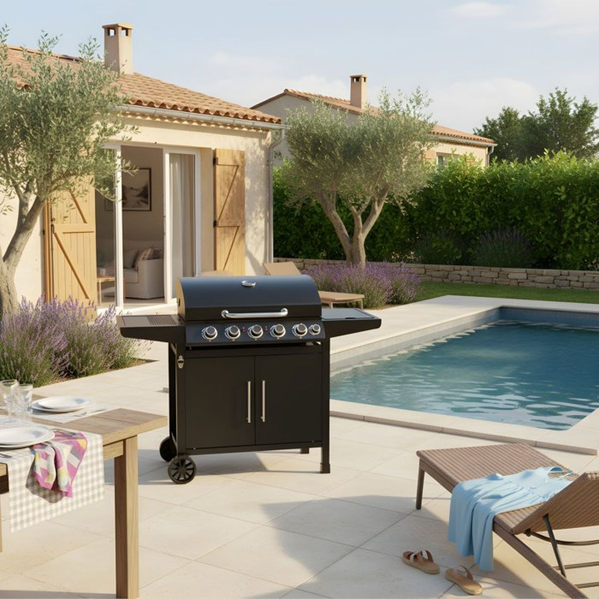 Ein schwarzer Grill steht auf einer gefliesten Terrasse neben einem Pool. Ein Tisch steht links.