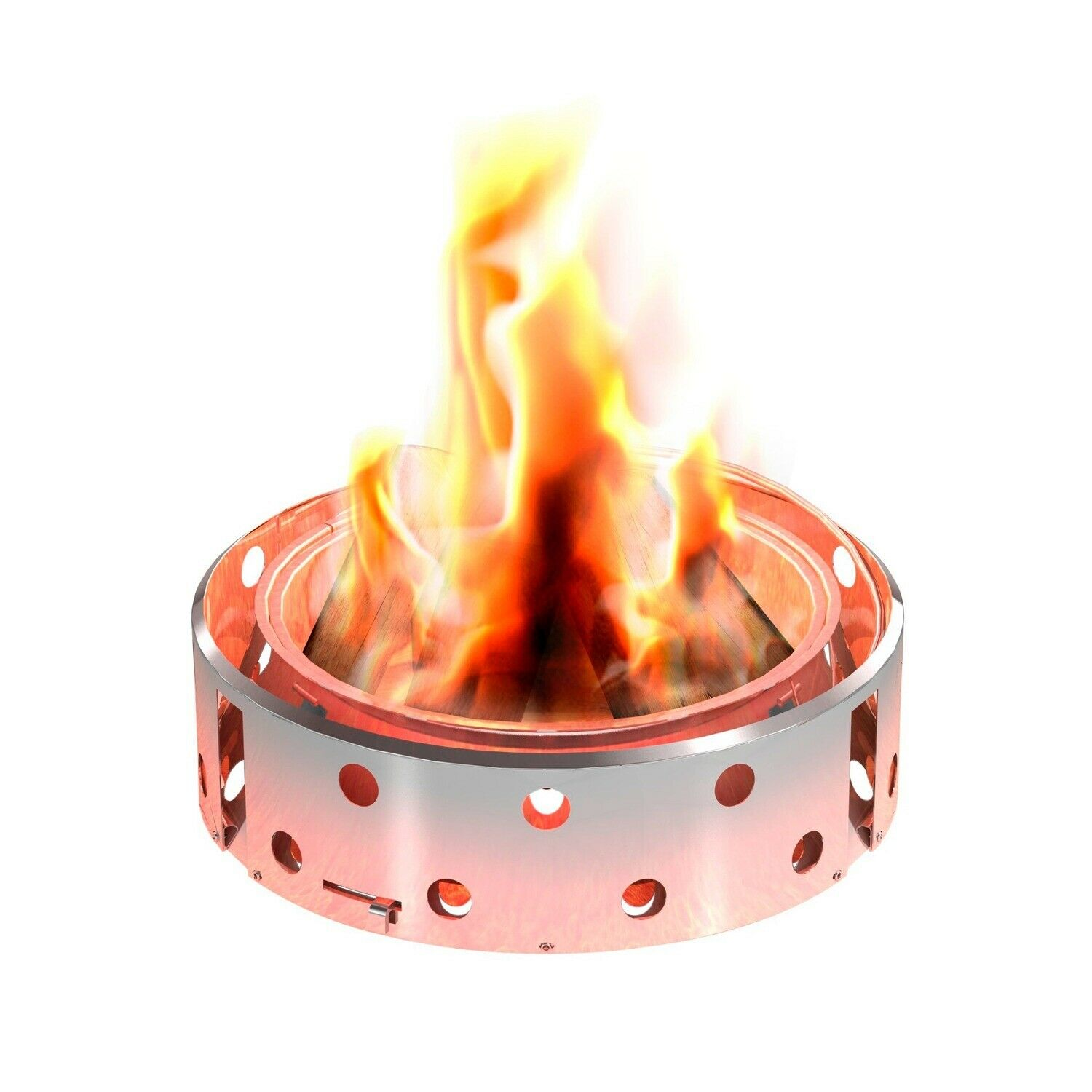 Ein brennender Holzscheit in einem runden Metallkorb mit Lüftungslöchern.