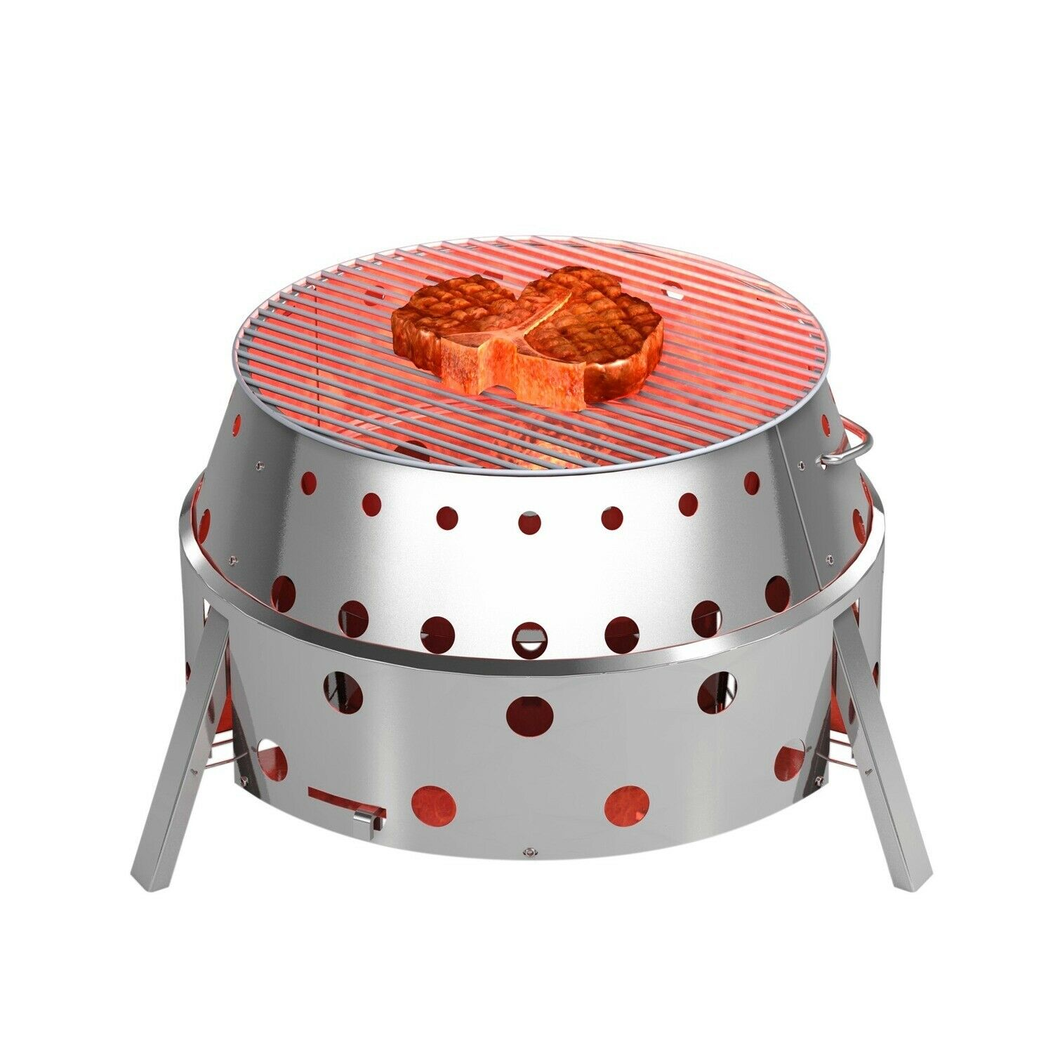 Ein Steak wird auf einem silbernen Grill gegrillt, aus dessen Inneren rote Hitze glüht.