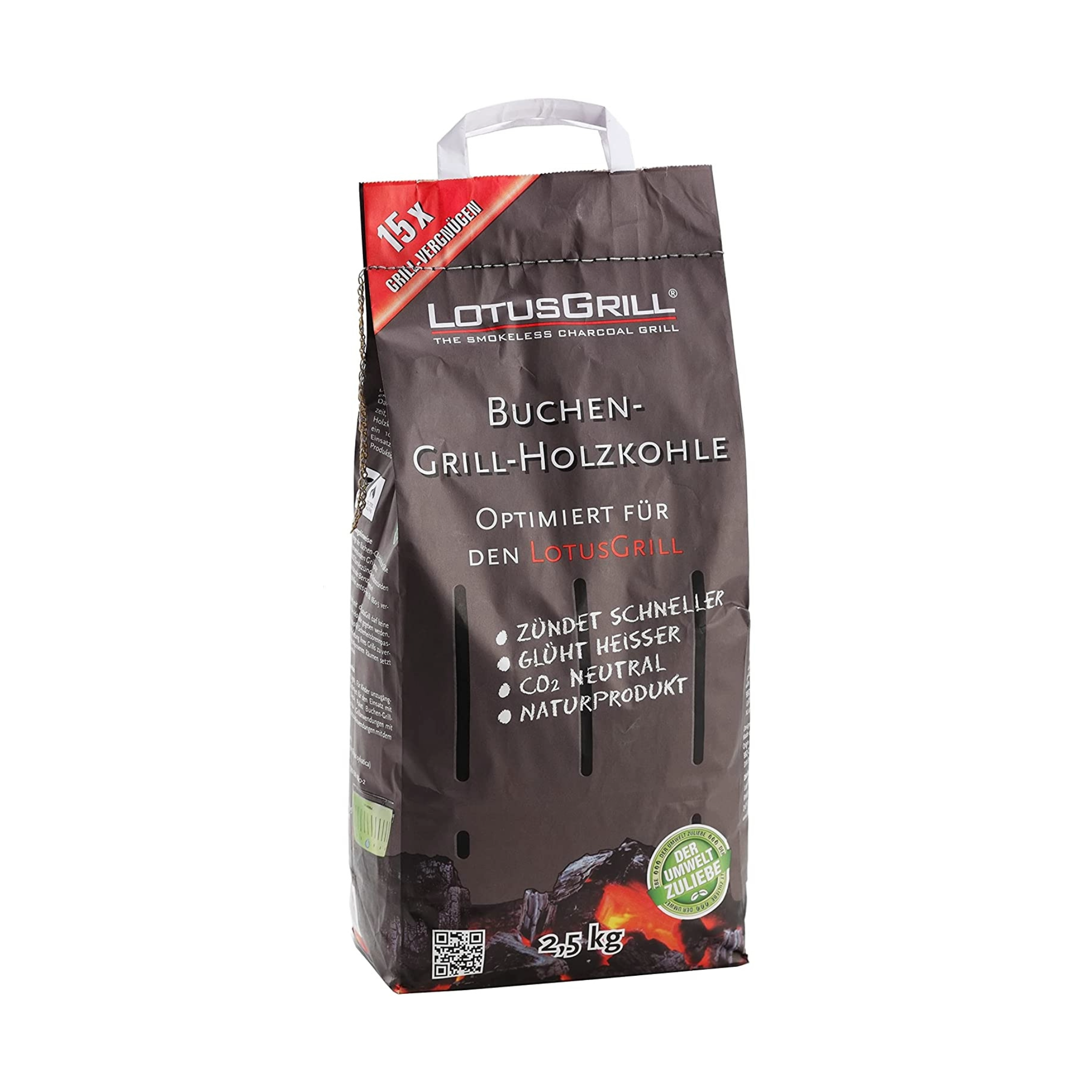 Eine 2,5 kg Packung Buchen-Grillholzkohle von Lotus Grill.