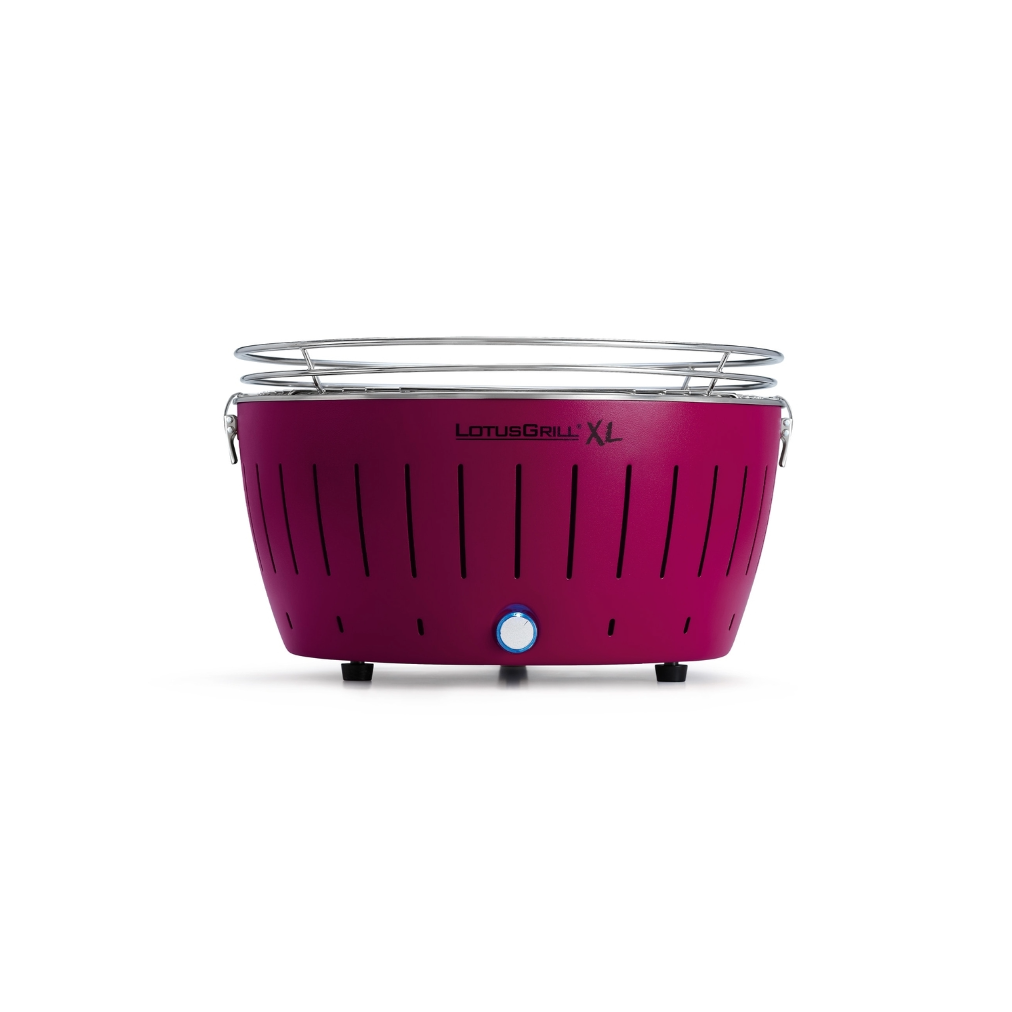 Ein pinker Lotusgrill XL mit silbernem Rost und Lüftungsöffnungen.