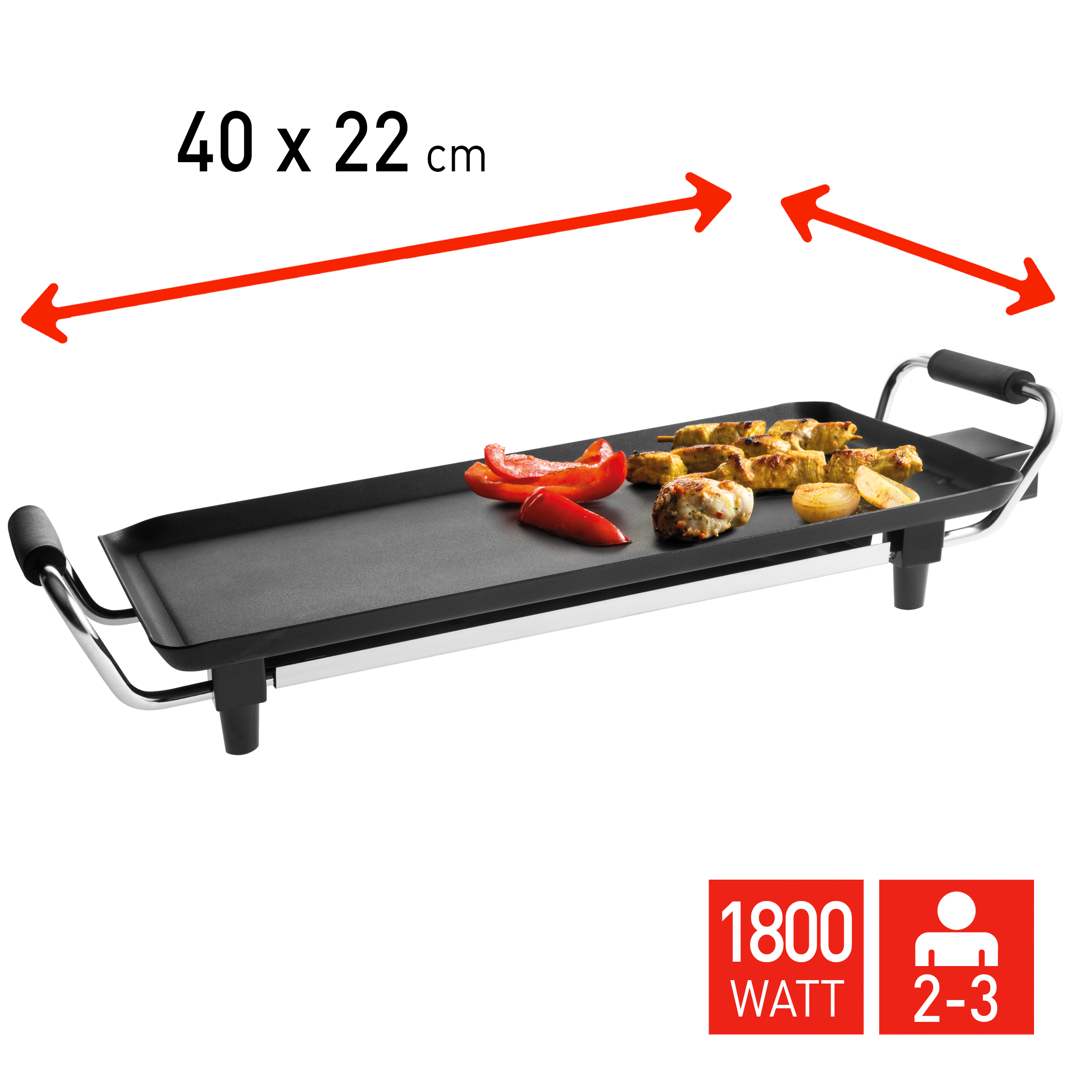 Electric grill plate 40x22cm, 1800W, for 2-3 people, with food.