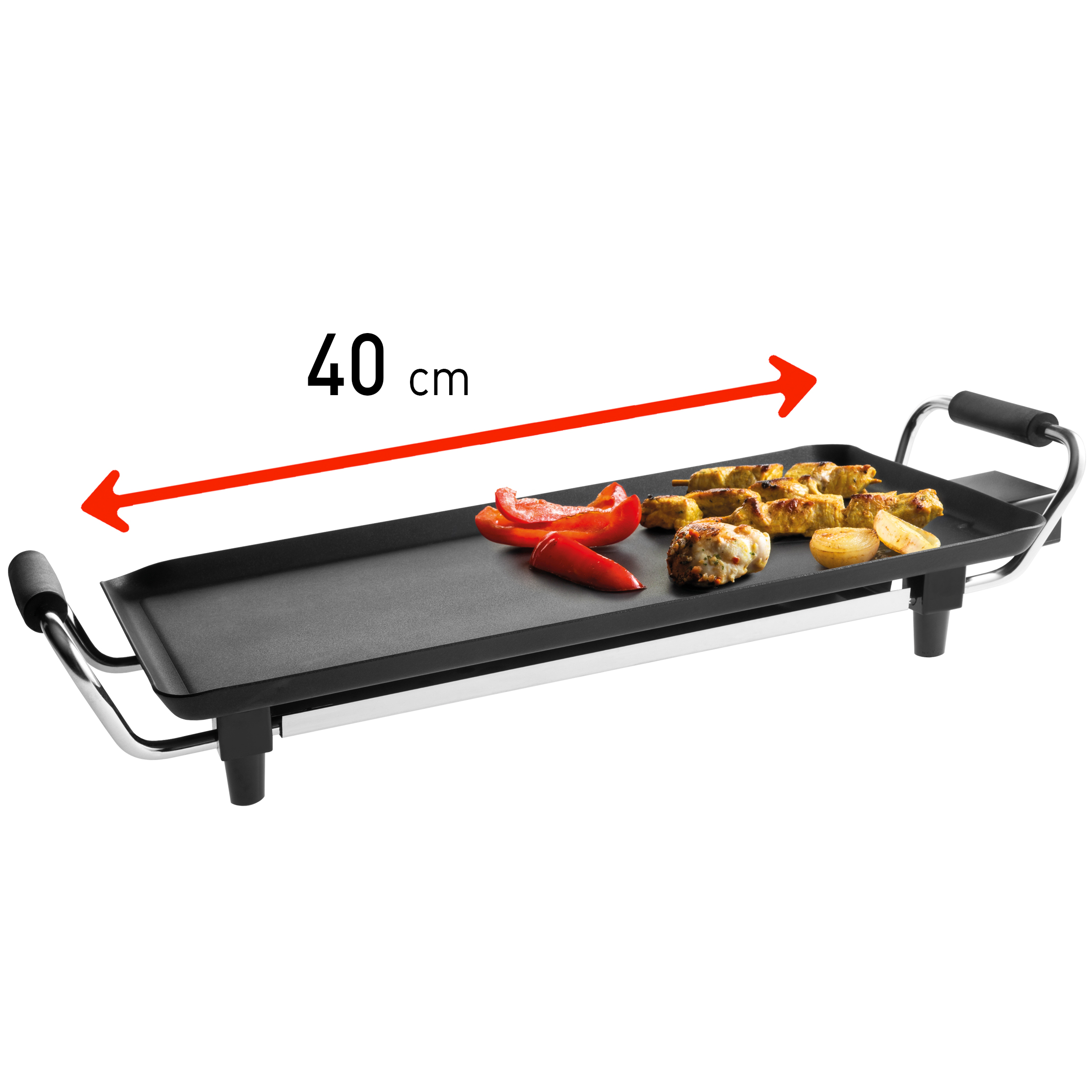 Electric grill plate, 40cm long, with bell peppers, onions, and skewers.