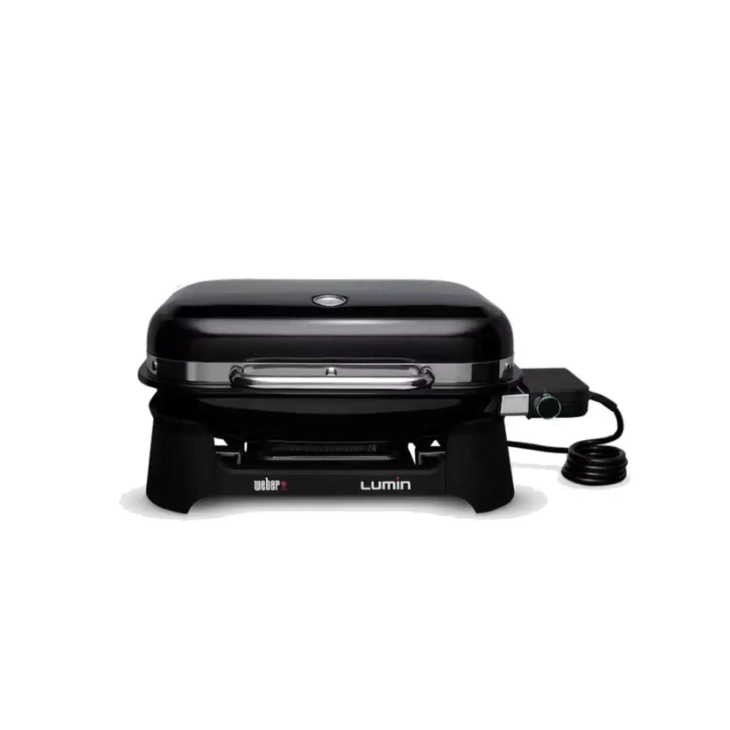 Ein schwarzer Weber Lumin Elektrogrill steht auf einem Ständer. Ein schwarzes Kabel ist angeschlossen.