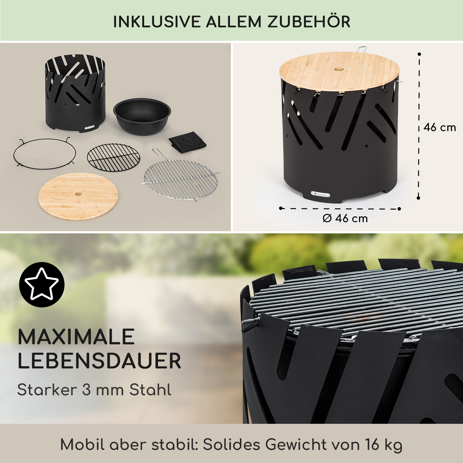 Ein schwarzer Metall-Feuerkorb mit Grillrost, Holzdeckel und Zubehör.