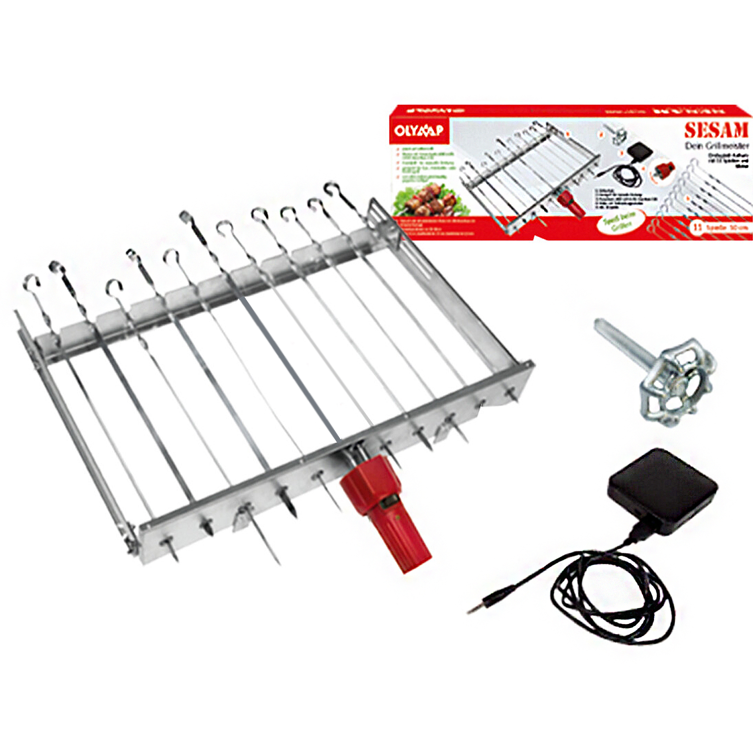 Ein Grillspieß-Set aus Metall mit roten Akzenten und einem Netzteil.