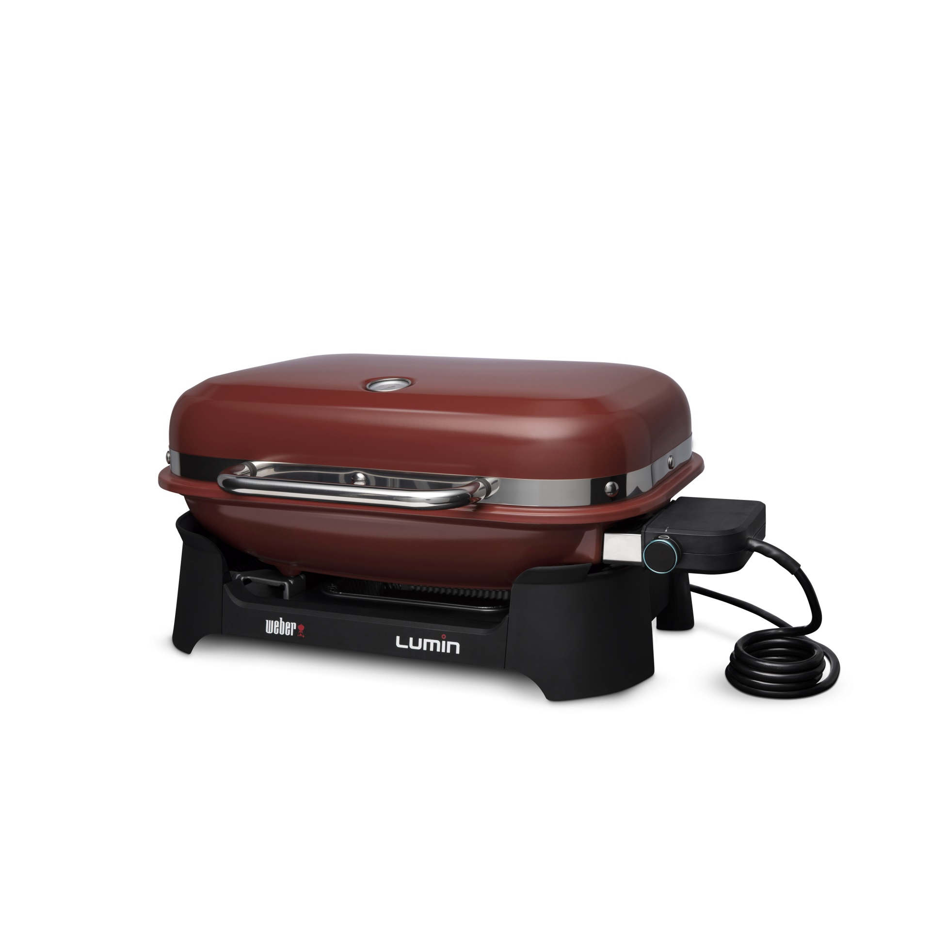 Una griglia elettrica Weber Lumin rossa è su una base nera con il suo cavo.