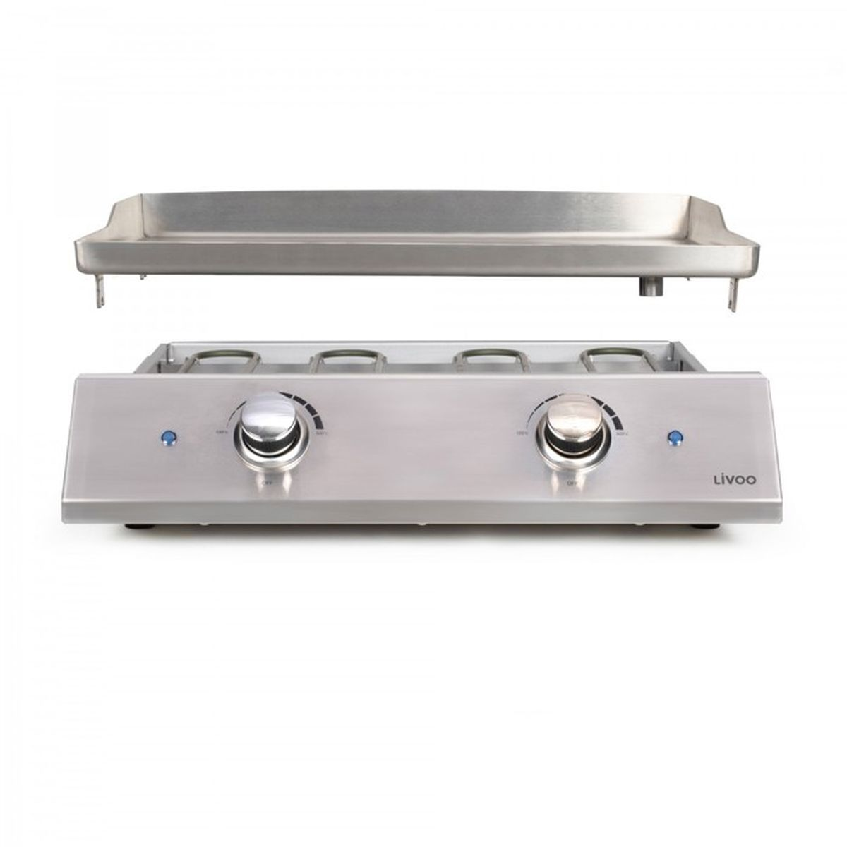 Edelstahl-Grillplatte über einem Gasgrill mit zwei Drehreglern.