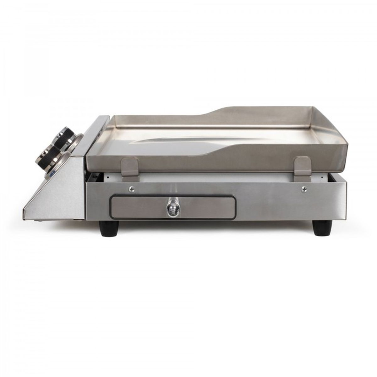 Eine Edelstahl-Kontaktgrill mit zwei Drehreglern und einer Schublade.