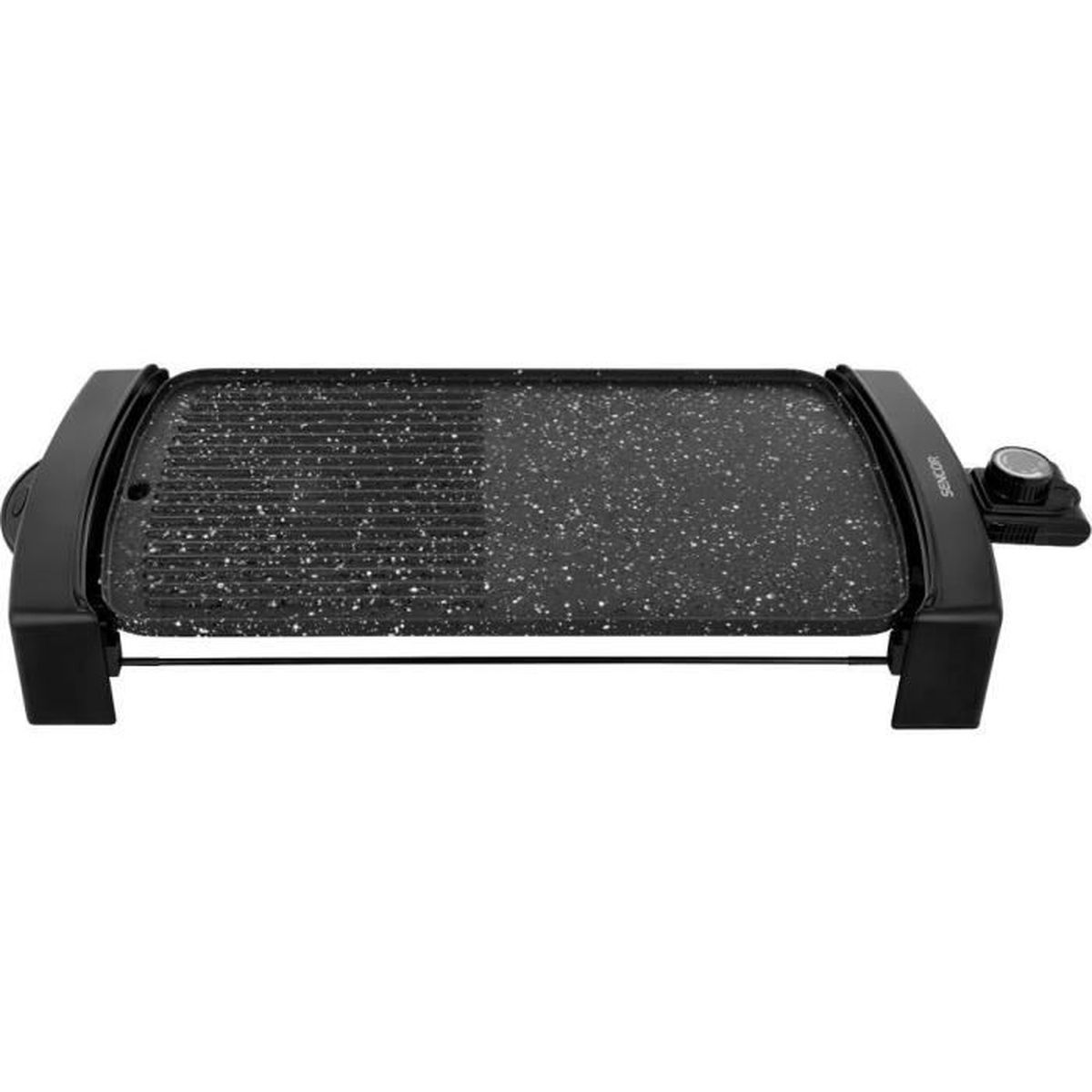 Una piastra grill elettrica nera effetto granito con una manopola.