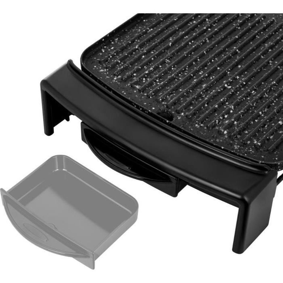 Una piastra elettrica da grill nera con vaschetta raccogligocce.