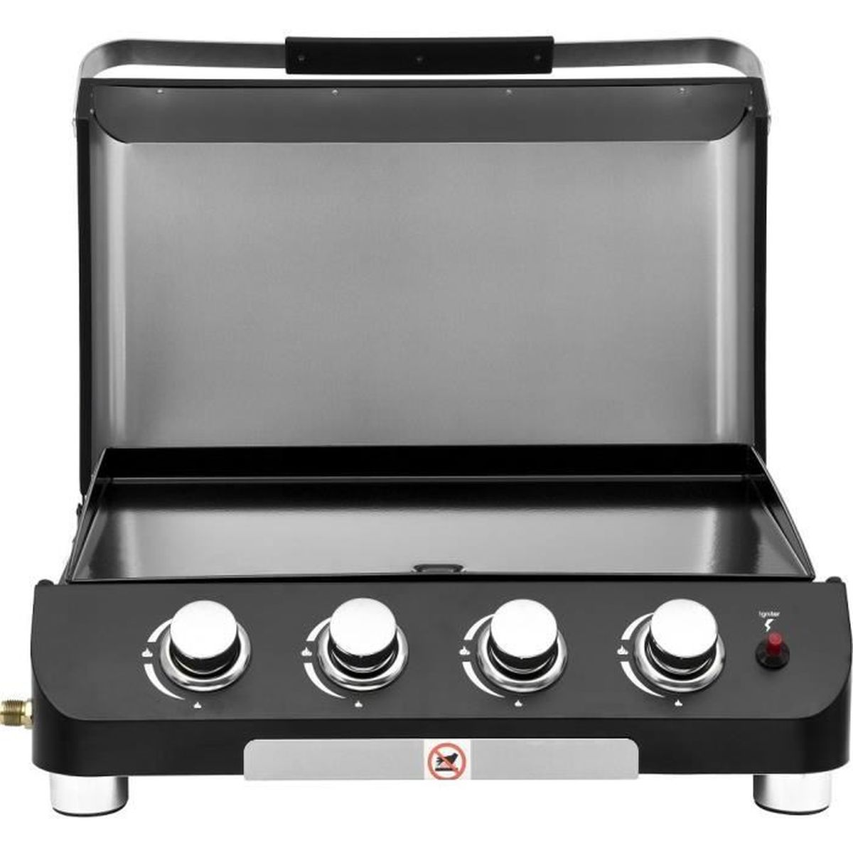 Een zwarte gasgrill met open deksel en vier zilveren bedieningsknoppen.