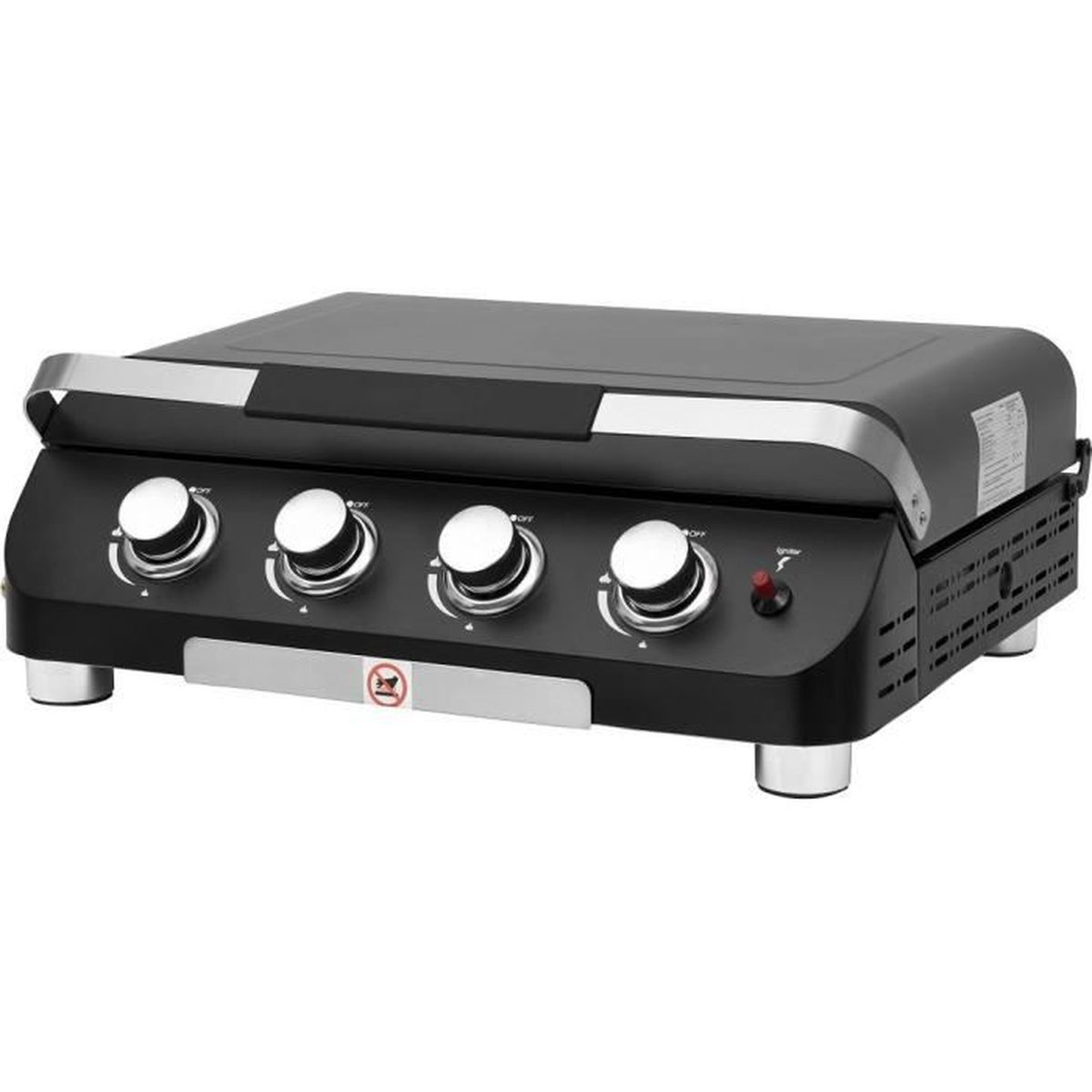 Een zwarte gasgrill met vier zilveren bedieningsknoppen en zilveren accenten.