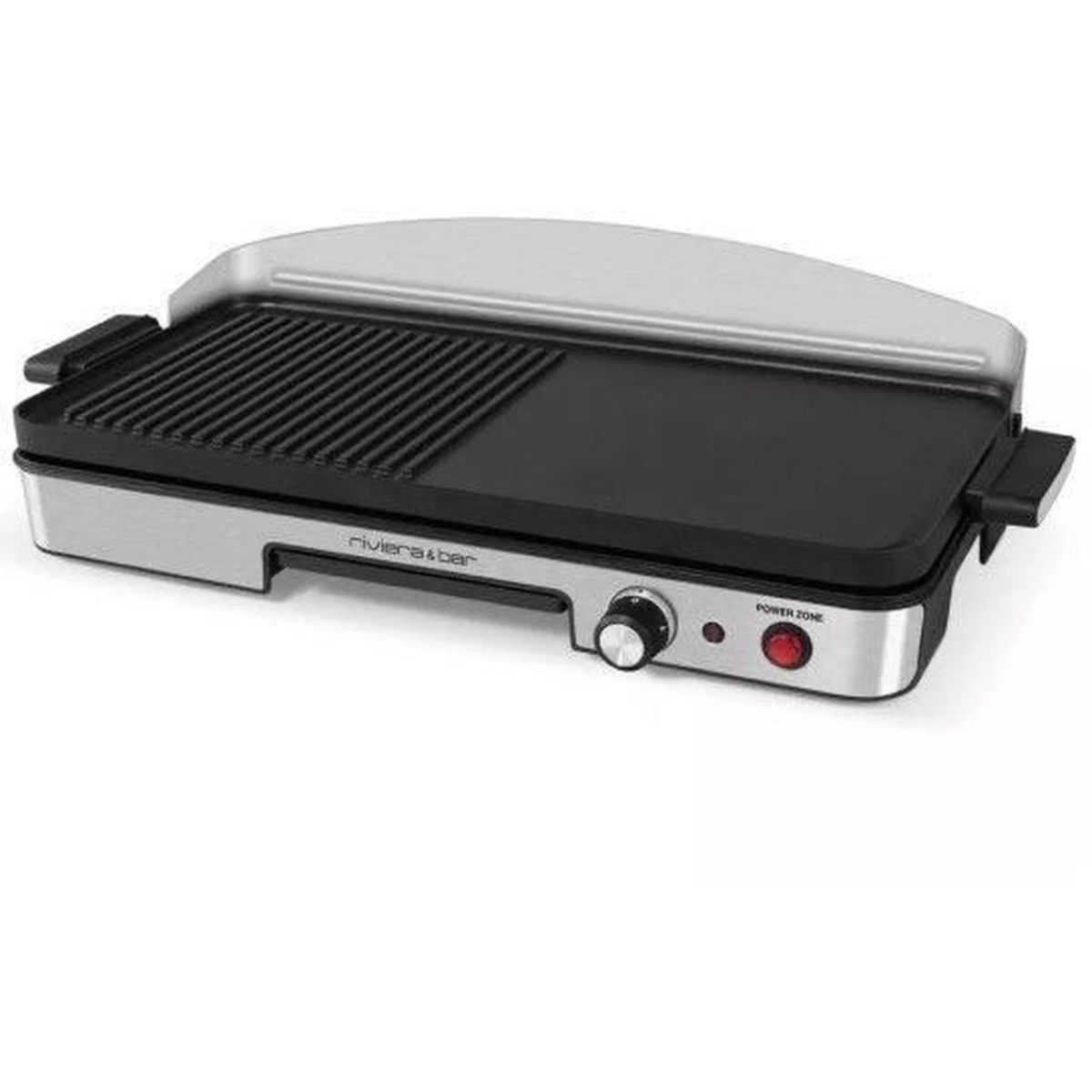 Eine elektrische Grillplatte mit gerippter und glatter Seite, silberfarbenem Gehäuse und schwarzem Griff.