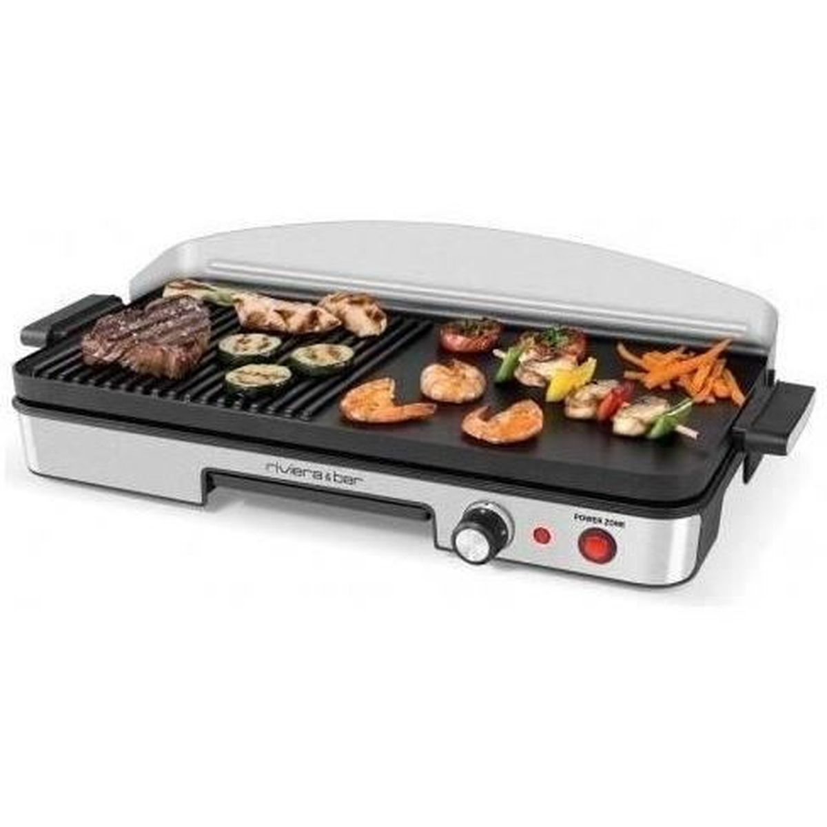 Elektrogrill mit Steak, Garnelen, Zucchini, Paprika und Karotten beim Kochen.