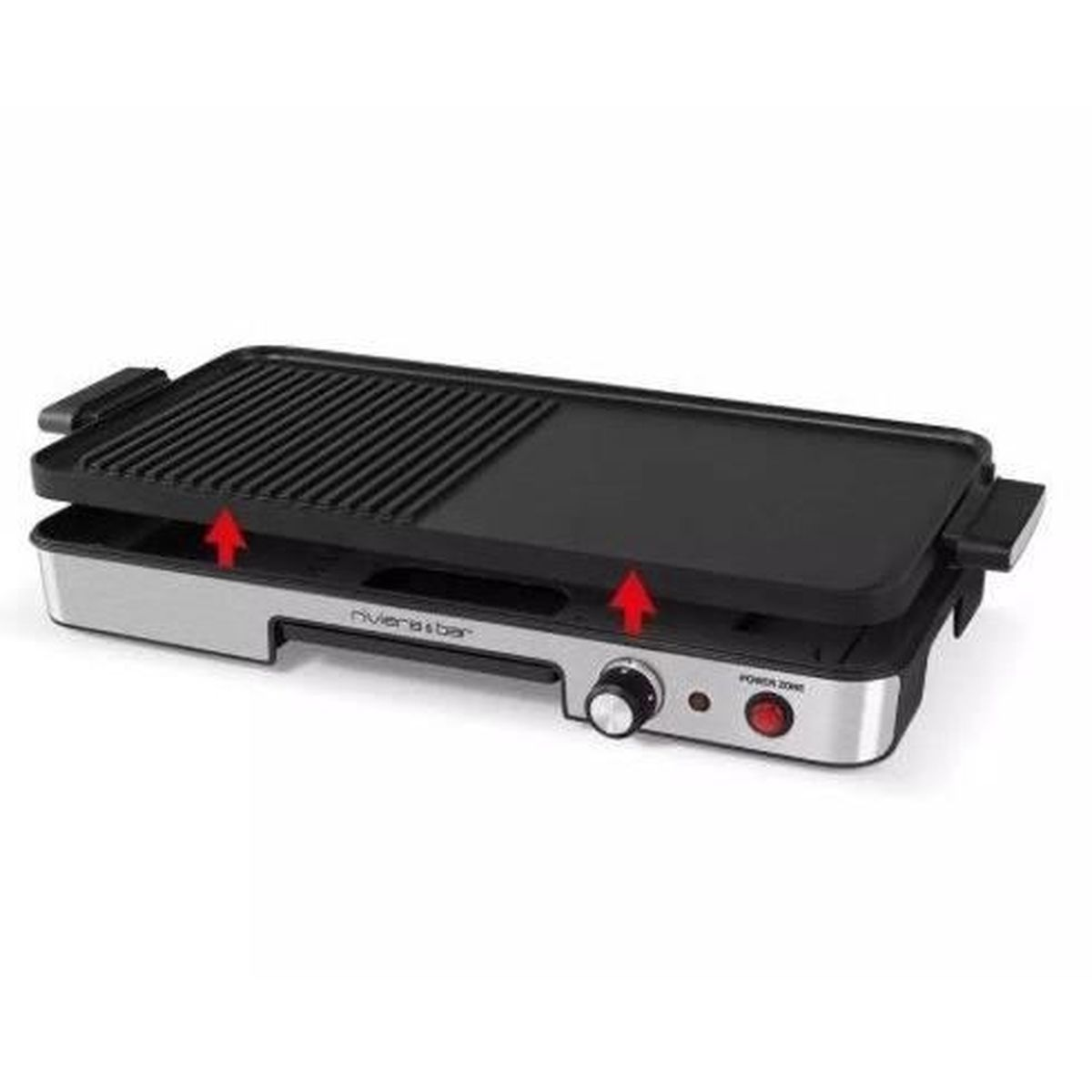 Ein silberner und schwarzer Elektrogrill mit gerippter und flacher Oberfläche. Rote Pfeile zeigen Trennung an.