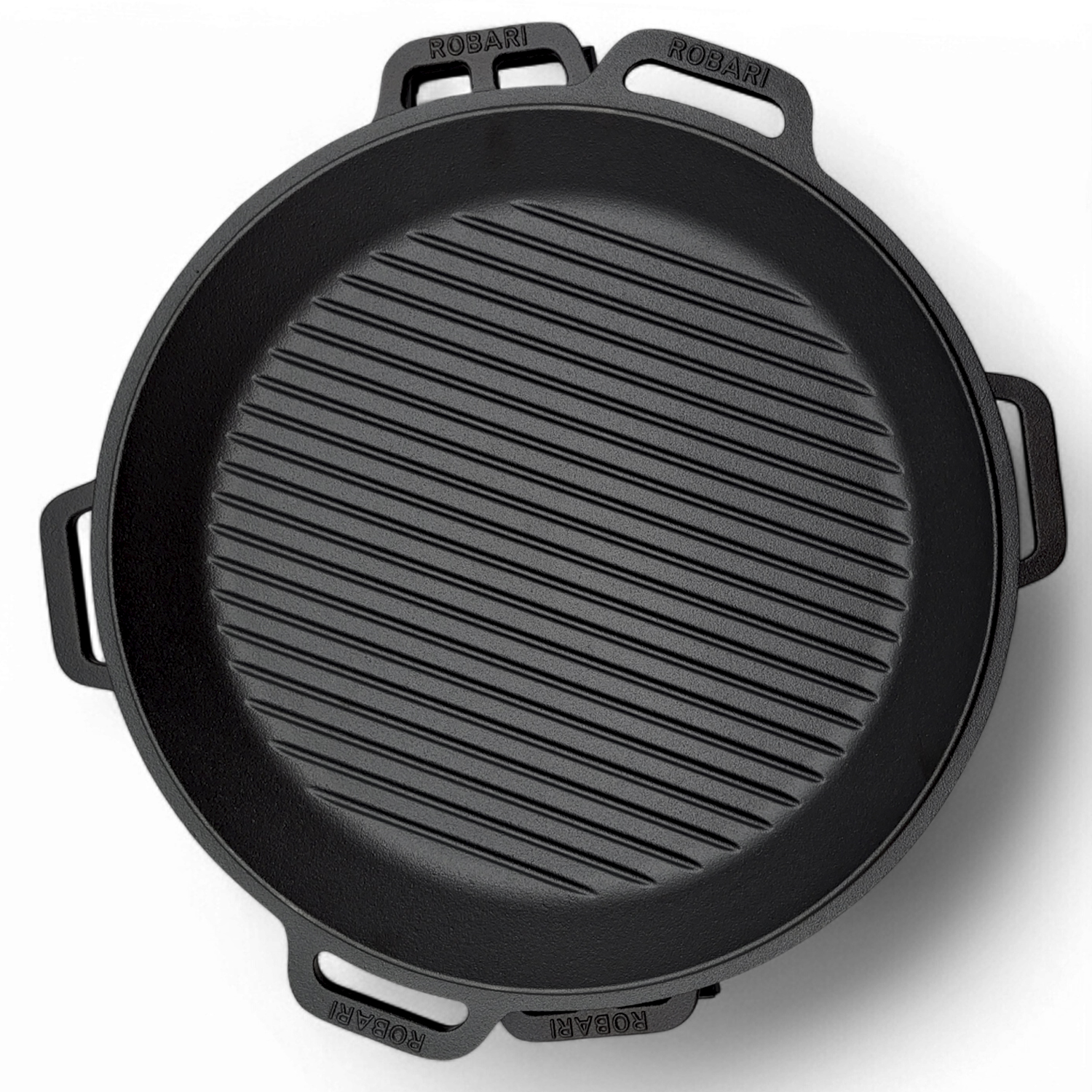 Eine schwarze Gusseisen-Grillpfanne mit gerippter Oberfläche und zwei Griffen.