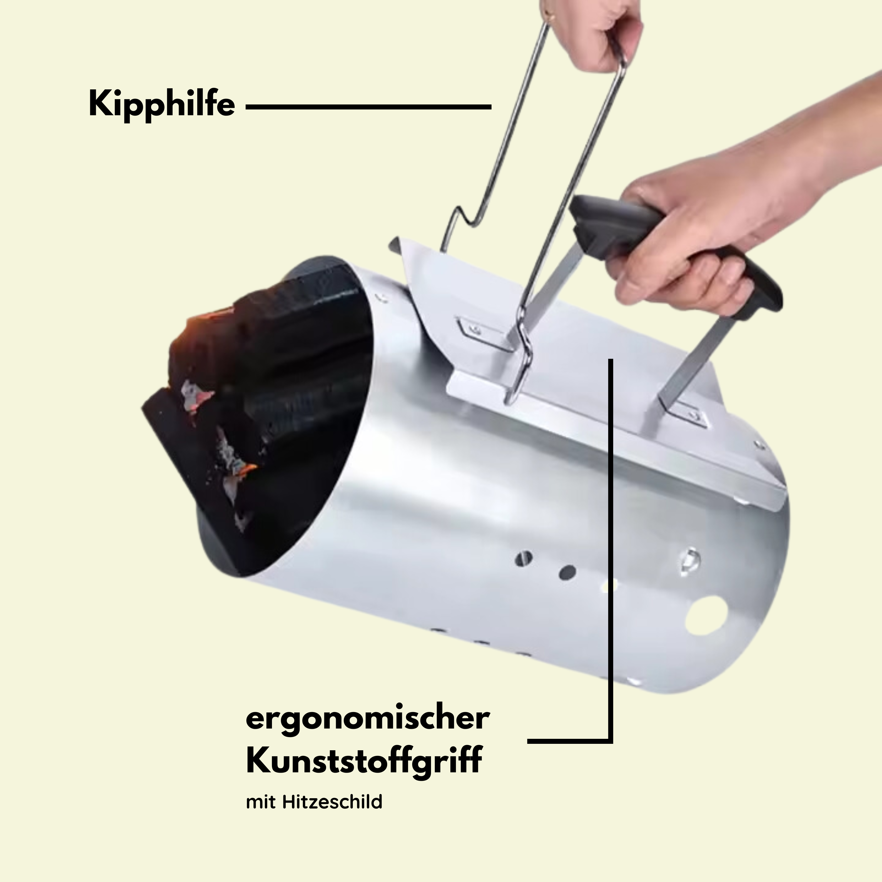 Ein Grillanzünder mit Holzkohle und Griffen. "Kipphilfe" und "ergonomischer Kunststoffgriff" sind beschriftet.