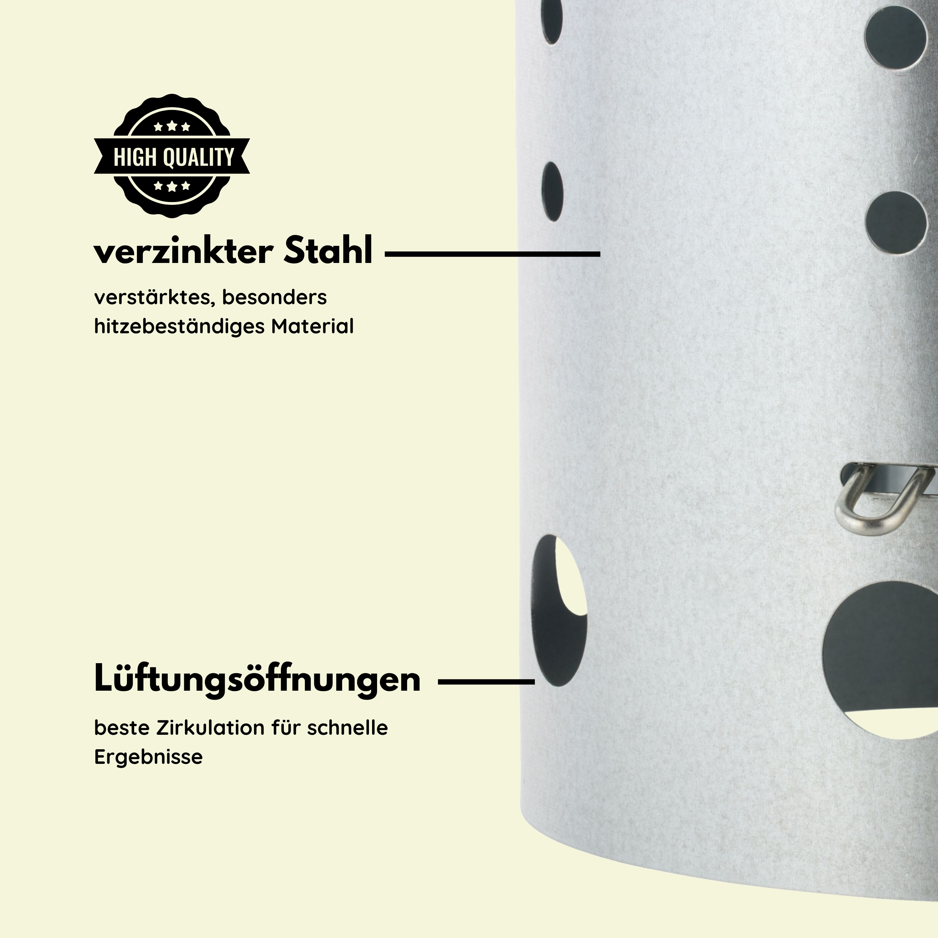 Ein Teil eines zylindrischen Grills aus verzinktem Stahl mit Lüftungsöffnungen.