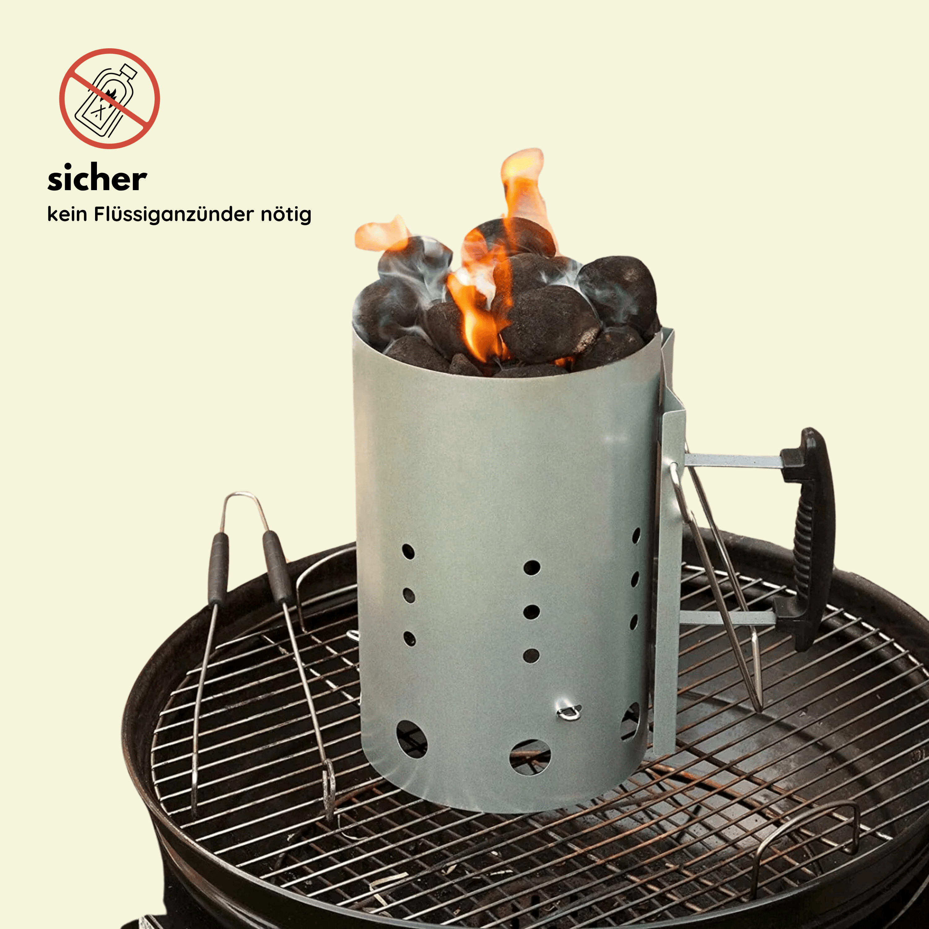 Ein Grillanzünder mit brennender Holzkohle auf einem Grill. Sicher, keine Flüssigkeit nötig.
