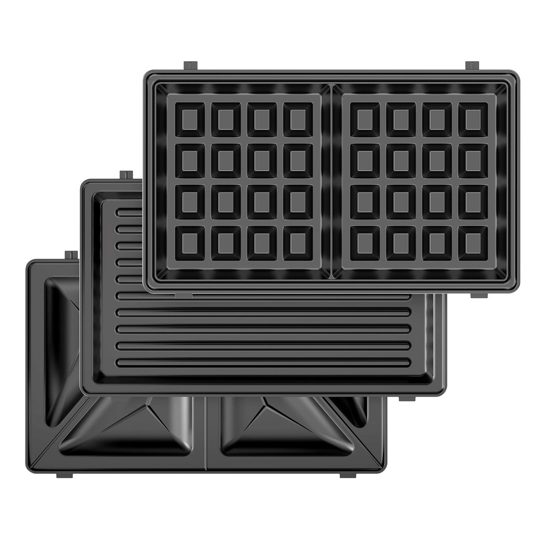 Una piastra per waffle nera con tre piastre riscaldanti sovrapposte.