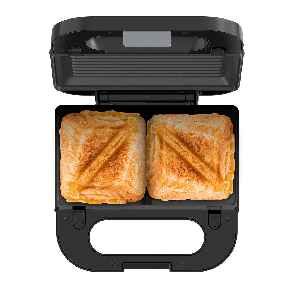 Un tostapane nero aperto con due toast dorati e tostati all'interno.