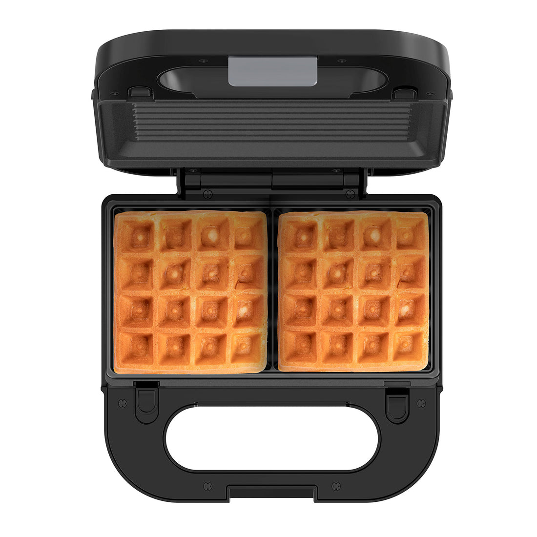 Una piastra per waffle nera aperta con due waffle dorati all'interno.