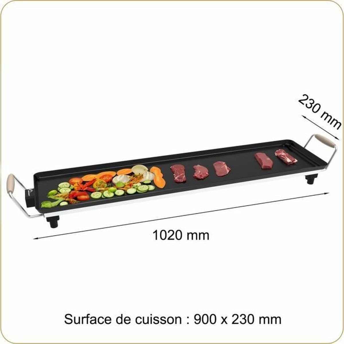 Eine rechteckige Grillplatte mit Gemüse und Fleischstücken, Maße 1020 mm x 230 mm.