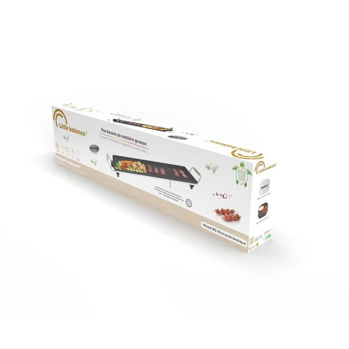 Verpackung eines Elektrogrills mit Grillgut und Schildkröten-Motiv.