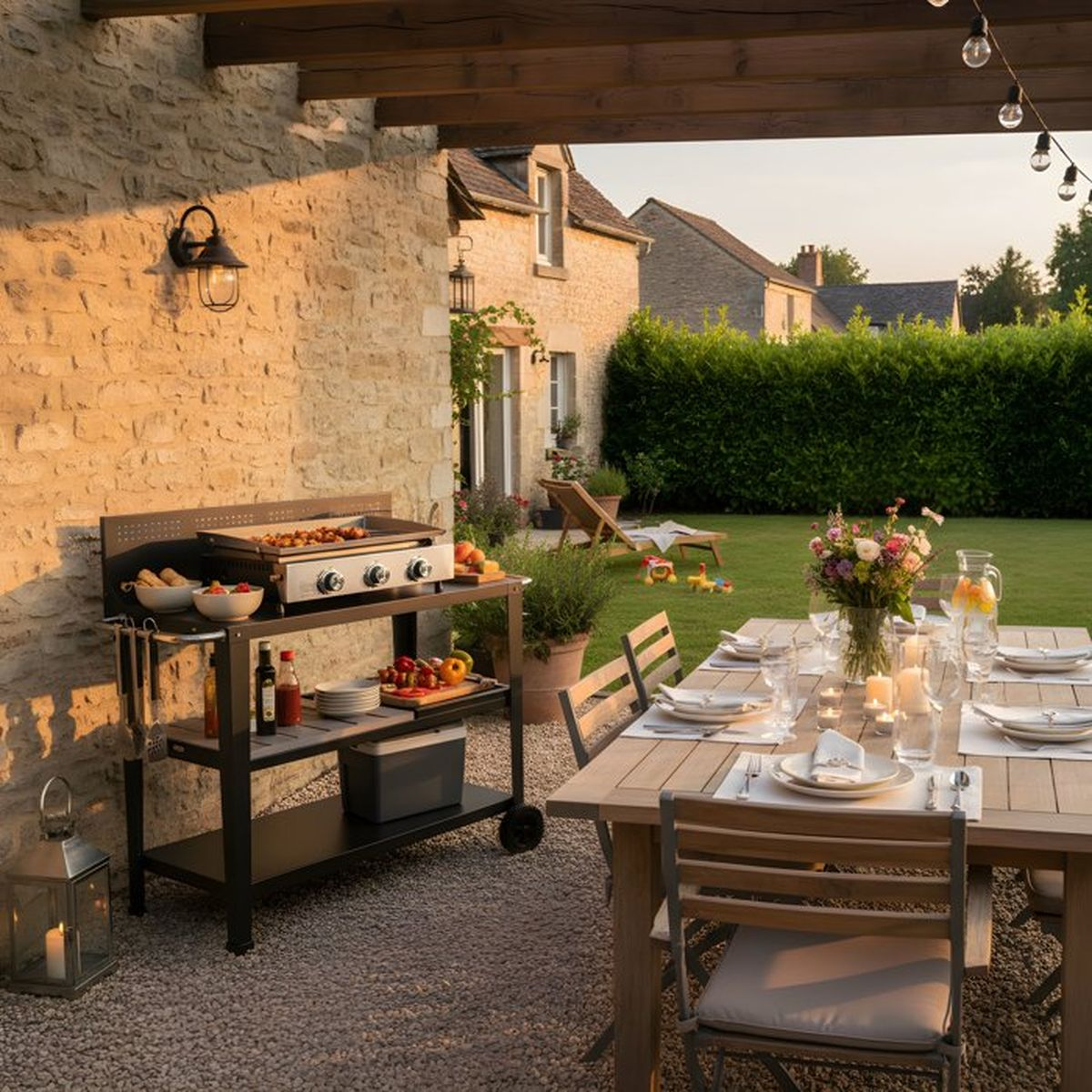 Buiten eettafel met eten, grill, huis en tuin in avondlicht.