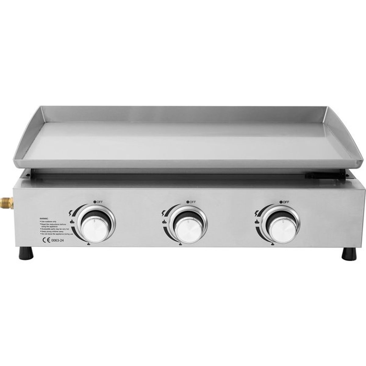 Een zilveren gasgrill met drie knoppen en een plat kookoppervlak.