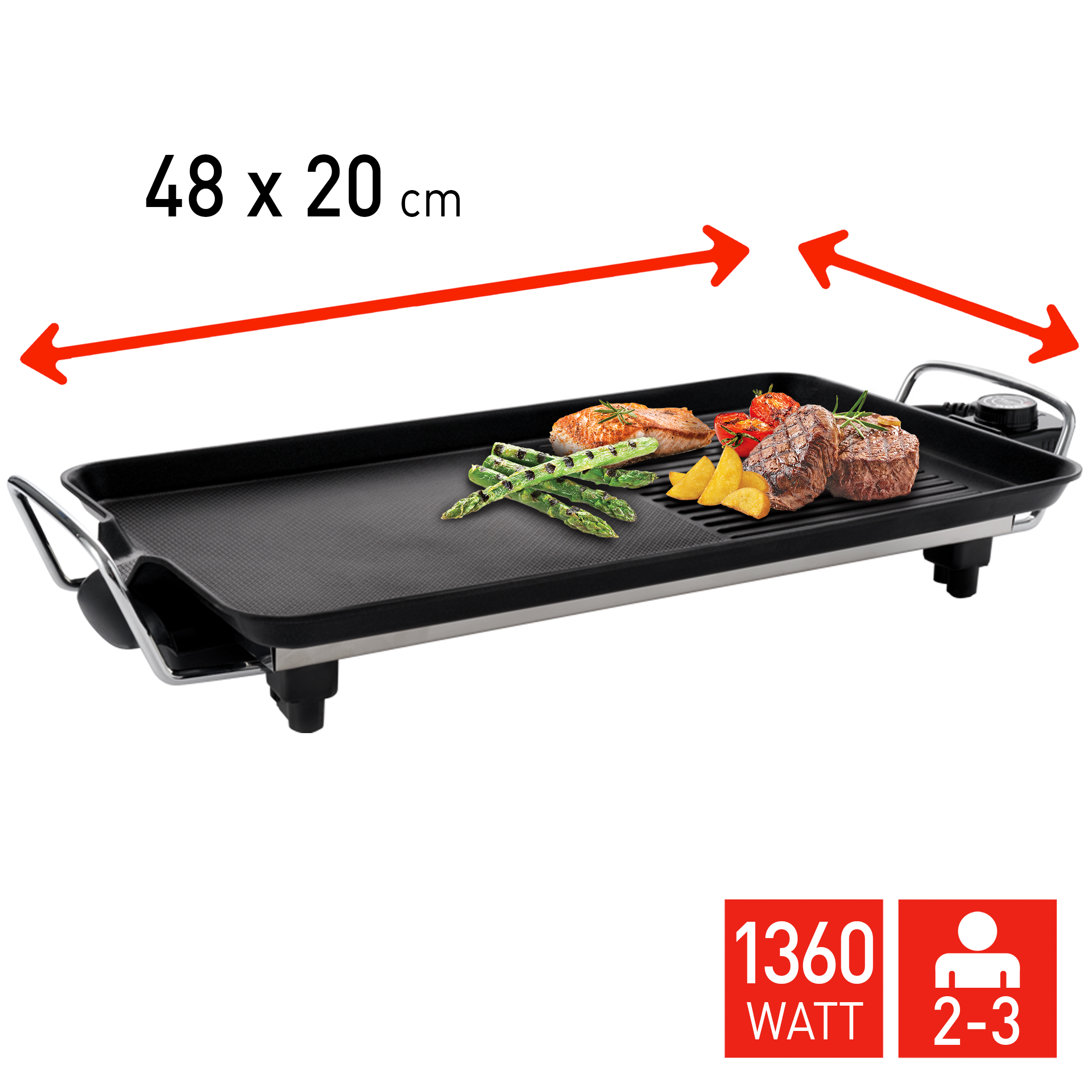 Electric grill with steaks, salmon, asparagus and potatoes. 48x20 cm. 1360 Watts, 2-3 people.