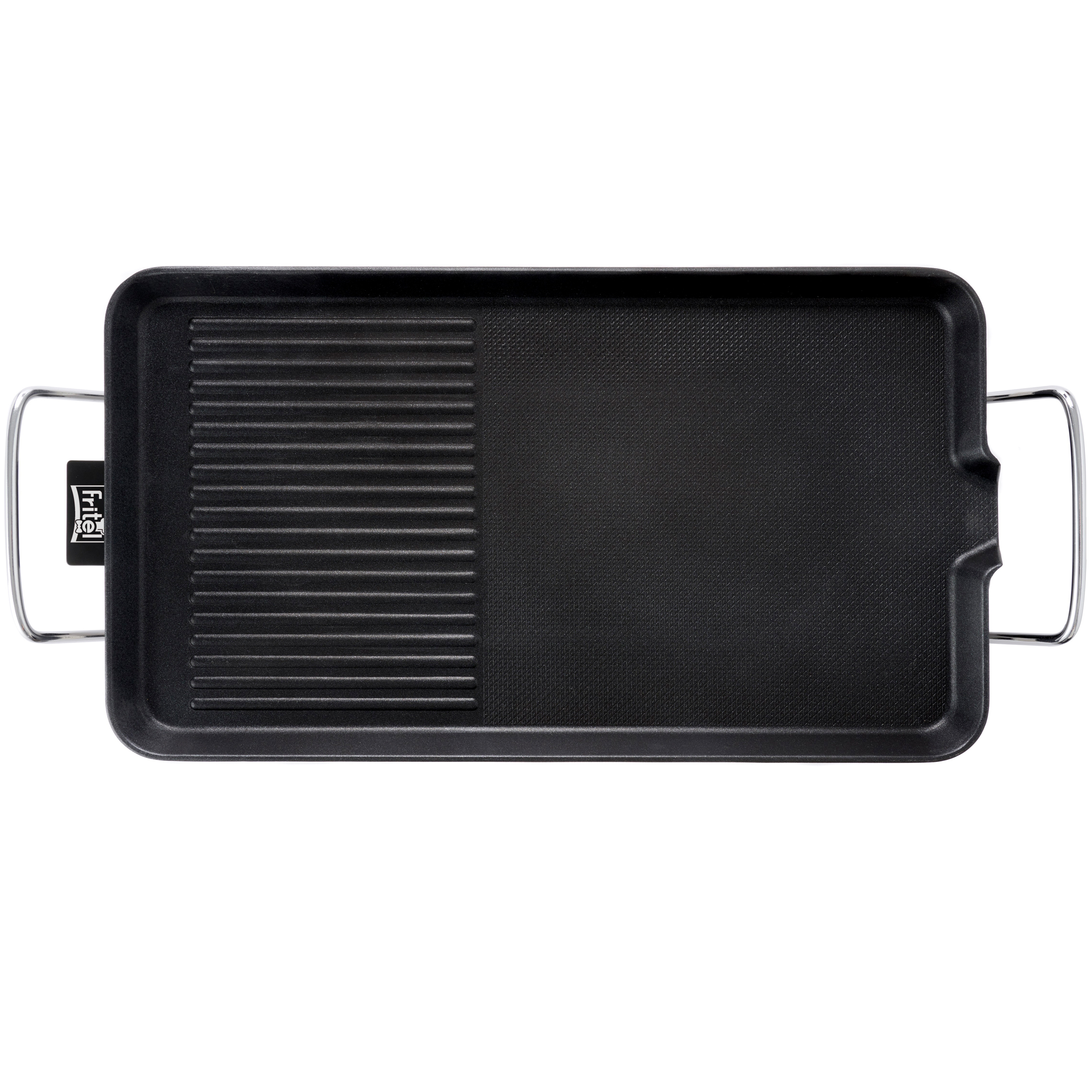 A black grill plate with ridges and a smooth area, featuring silver handles.