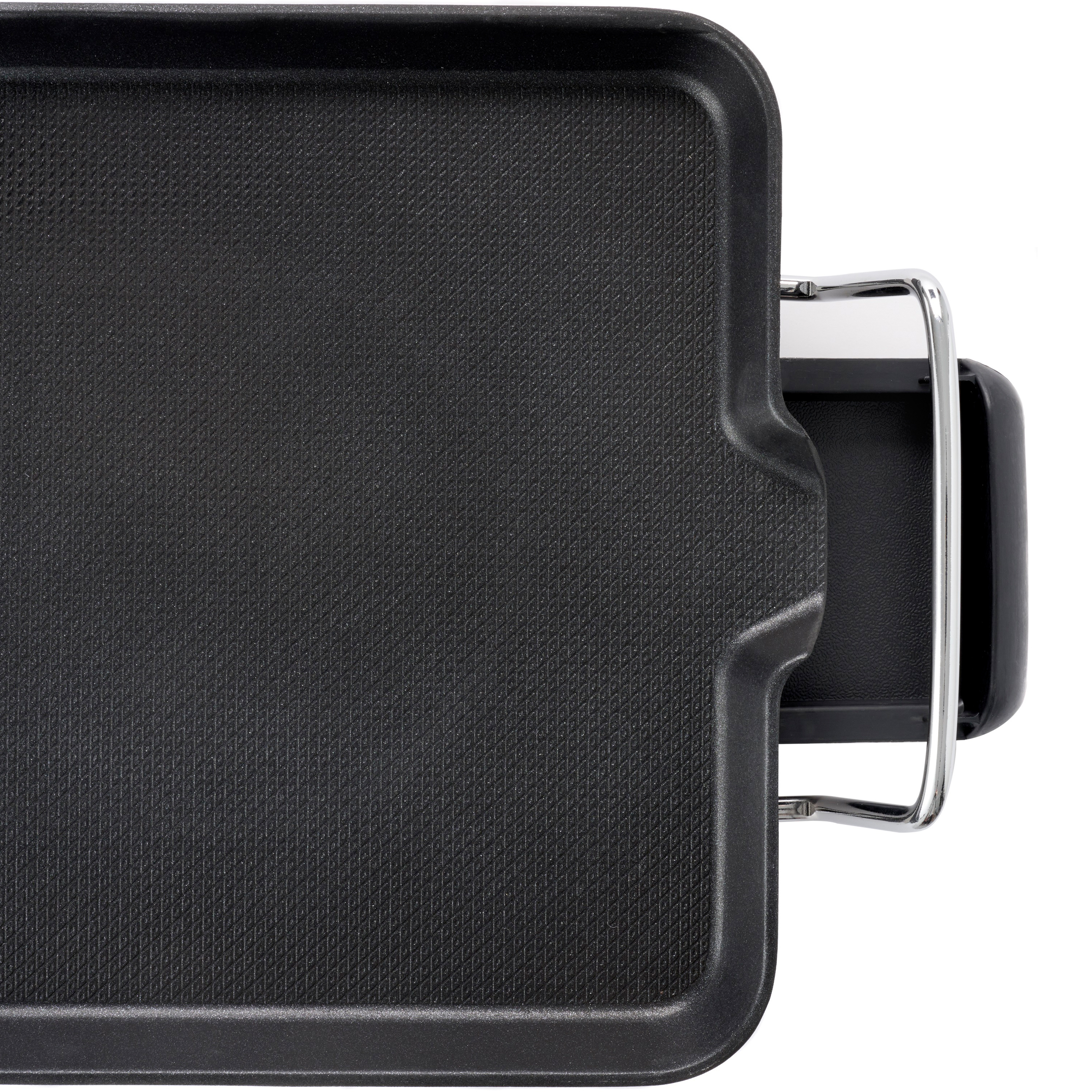 Black griddle with a textured pattern and chrome handle.