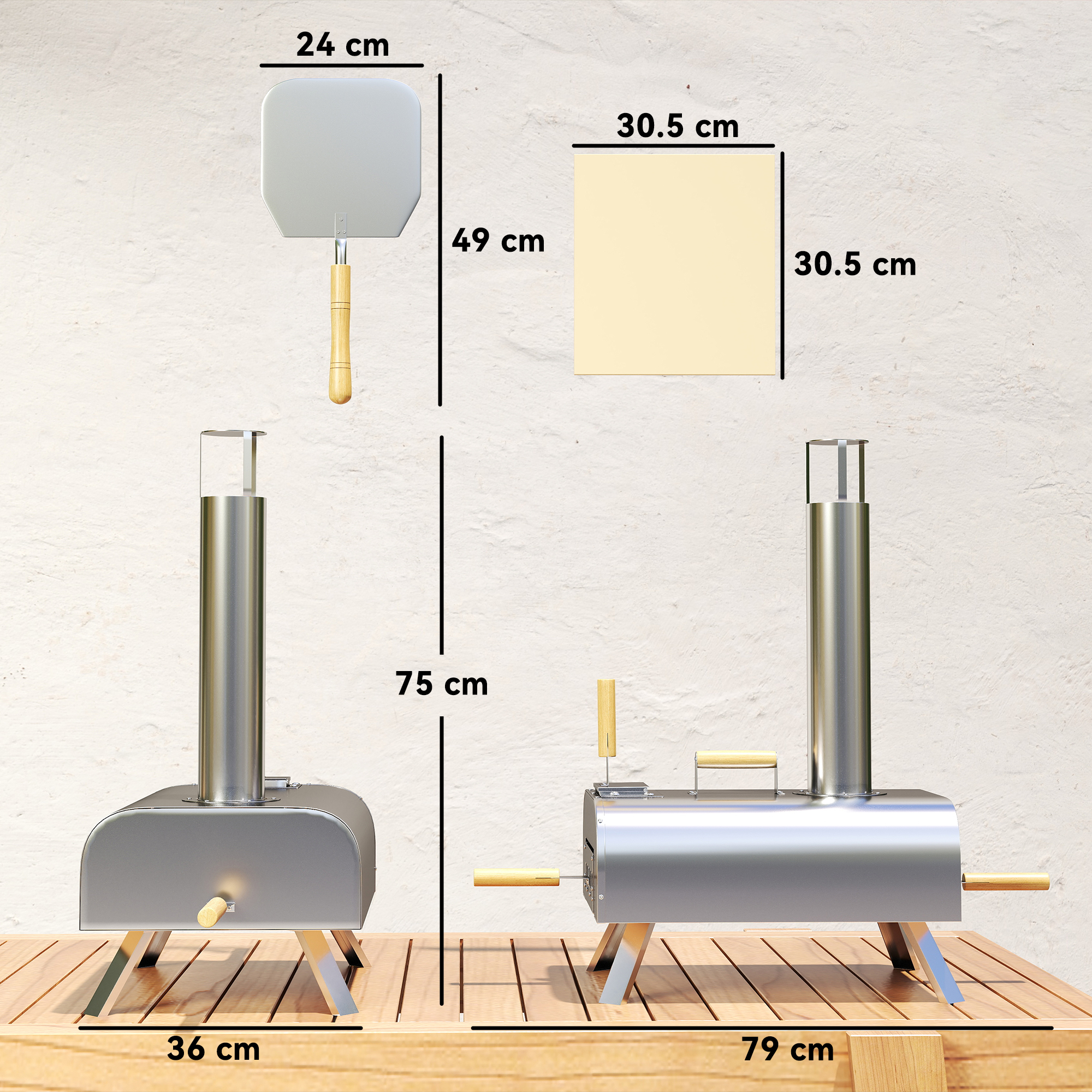 Due forni per pizza in acciaio inox con manici in legno e dimensioni.