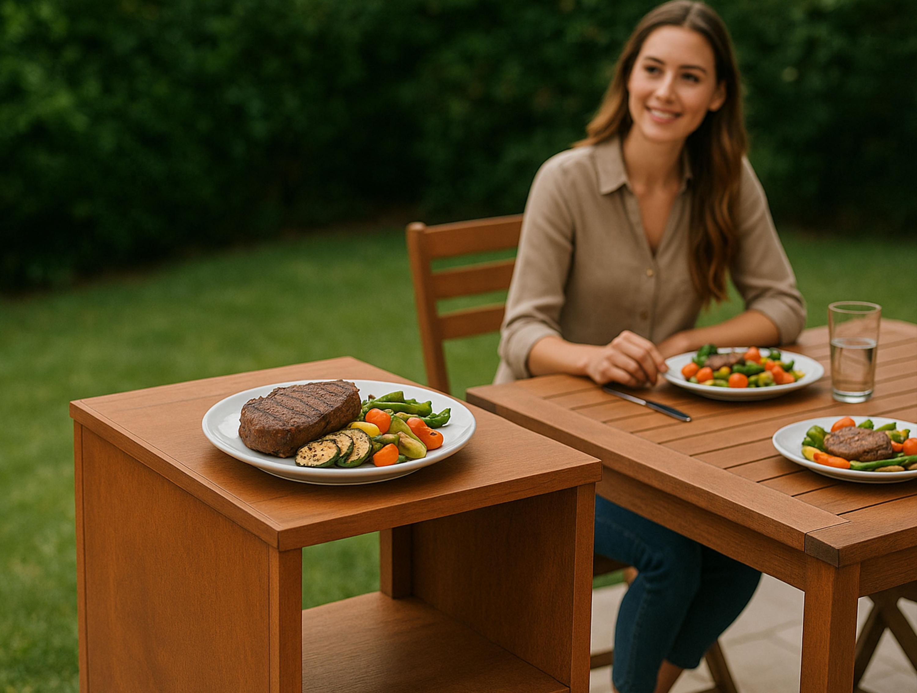 Una donna seduta a un tavolo di legno all'aperto mangia bistecca con verdure.