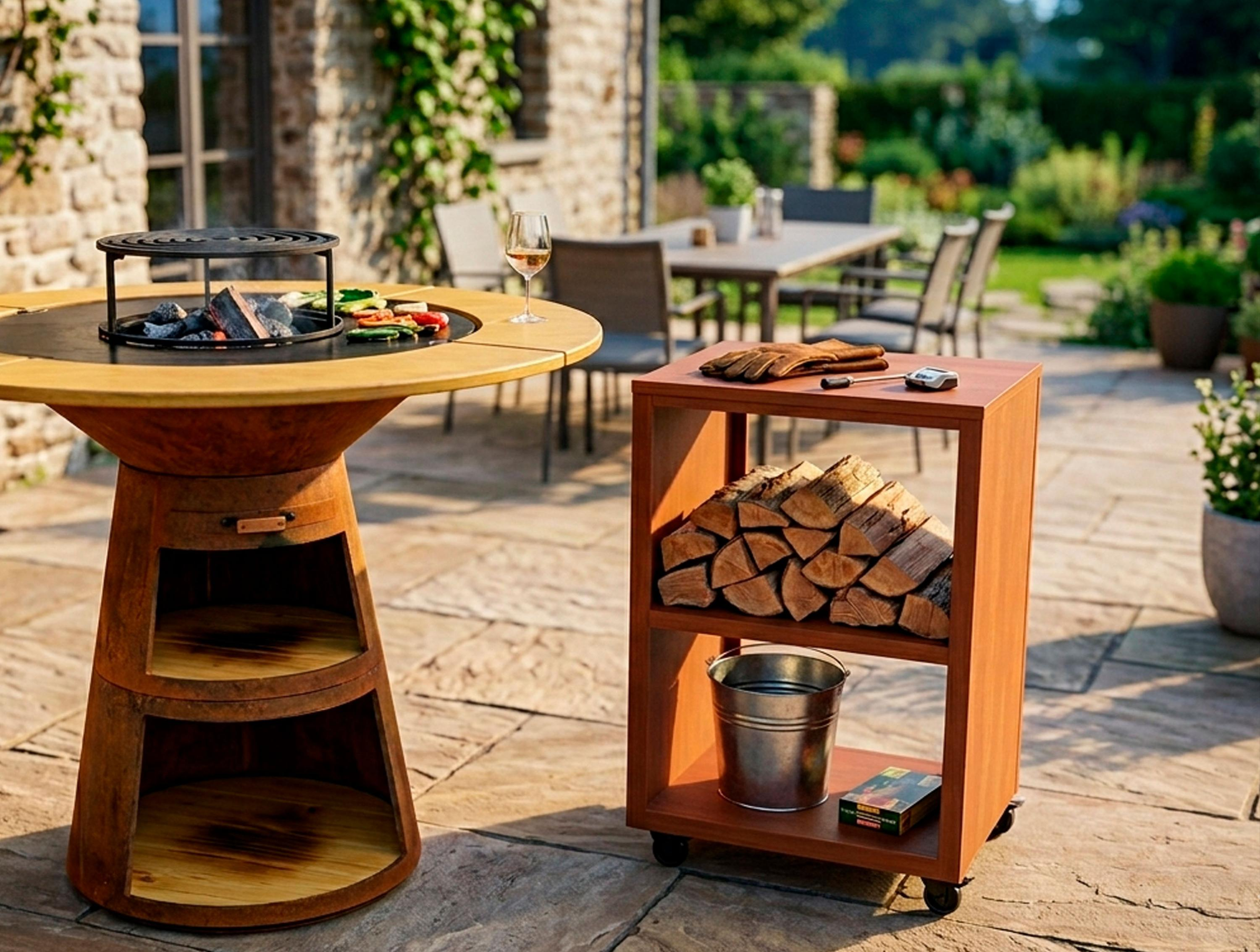 Griglia arrugginita con porta legna e mobili da giardino.