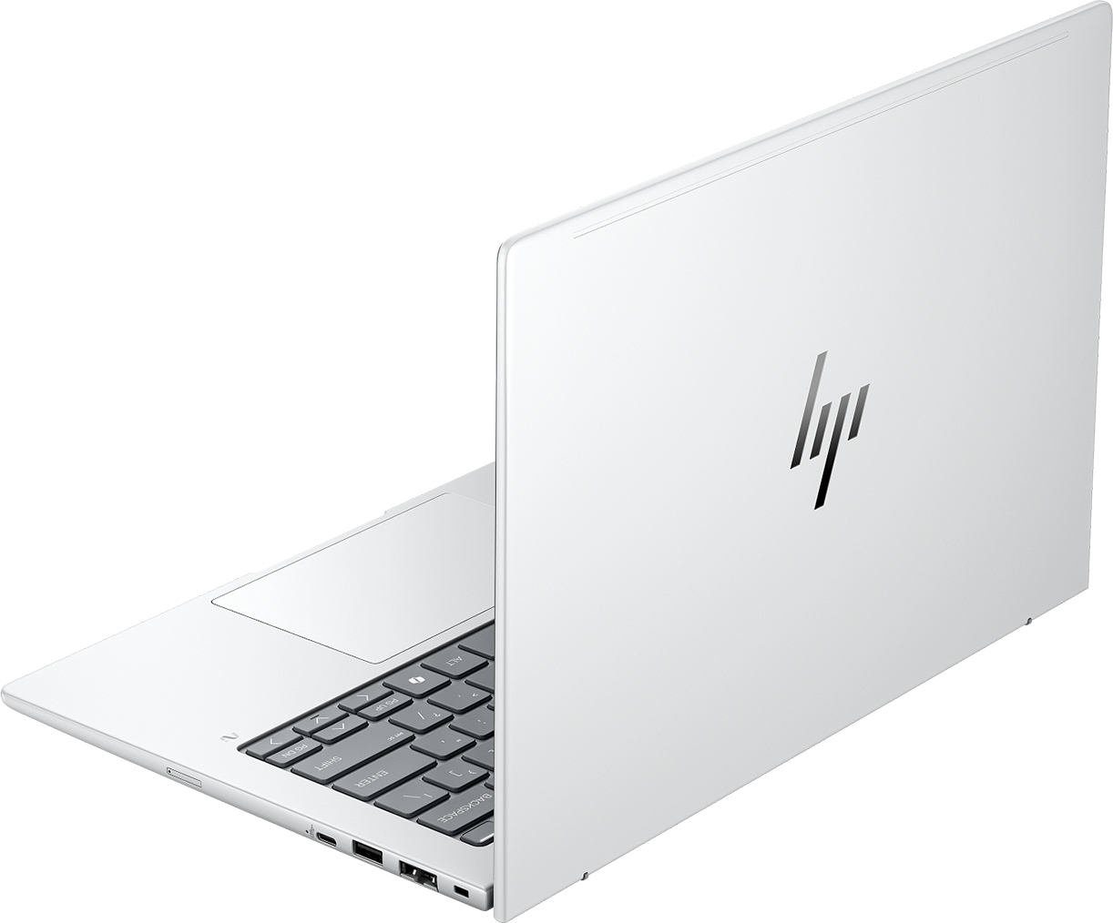 Klavye ve trackpad'i gösteren açık kapaklı beyaz HP dizüstü bilgisayar.