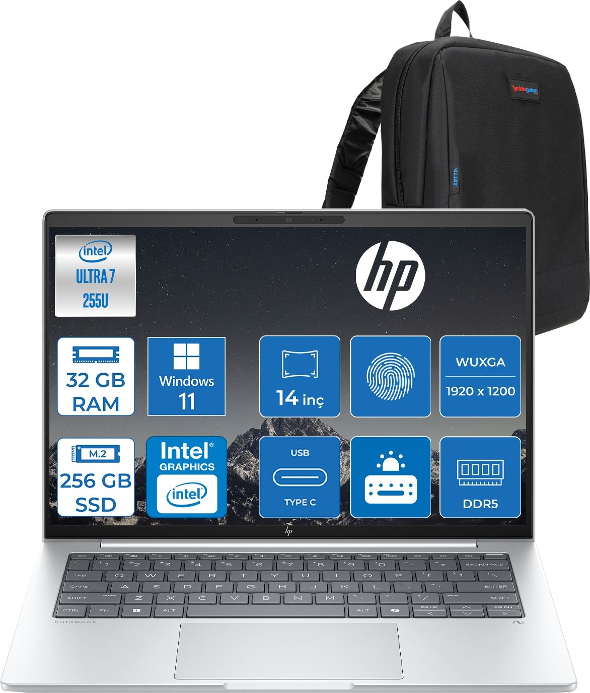 HP EliteBook 8 G1I 1920x1200 300 Nits CS7R0ETP11 Intel Core Ultra 7 255U 32 GB RAM 256 GB SSD 14 inç Windows 11 Pro Laptop+Çanta Siyah