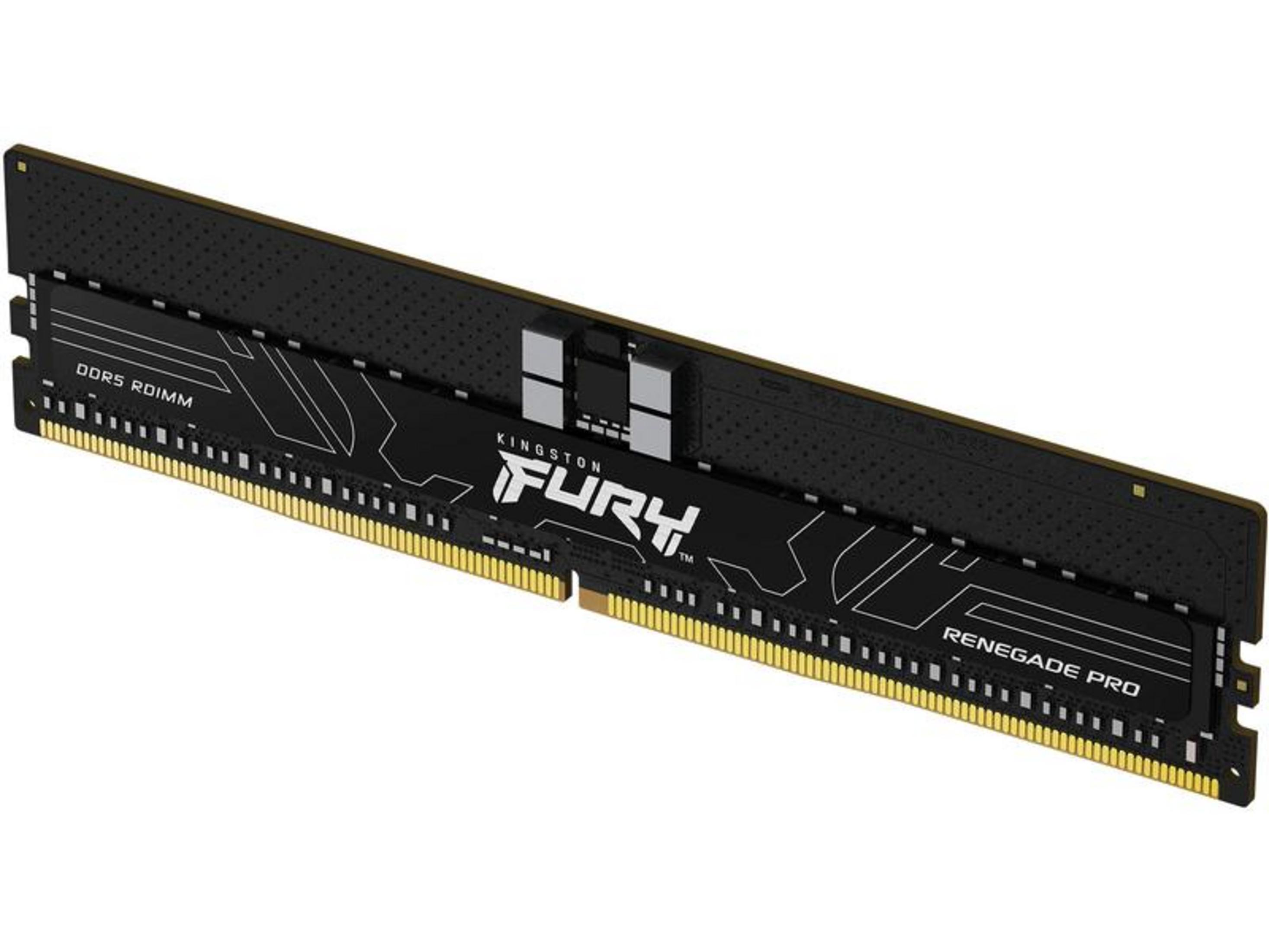 Schwarzer DDR5 RDIMM-RAM-Riegel mit goldenen Kontakten und Kingston Fury-Logo.
