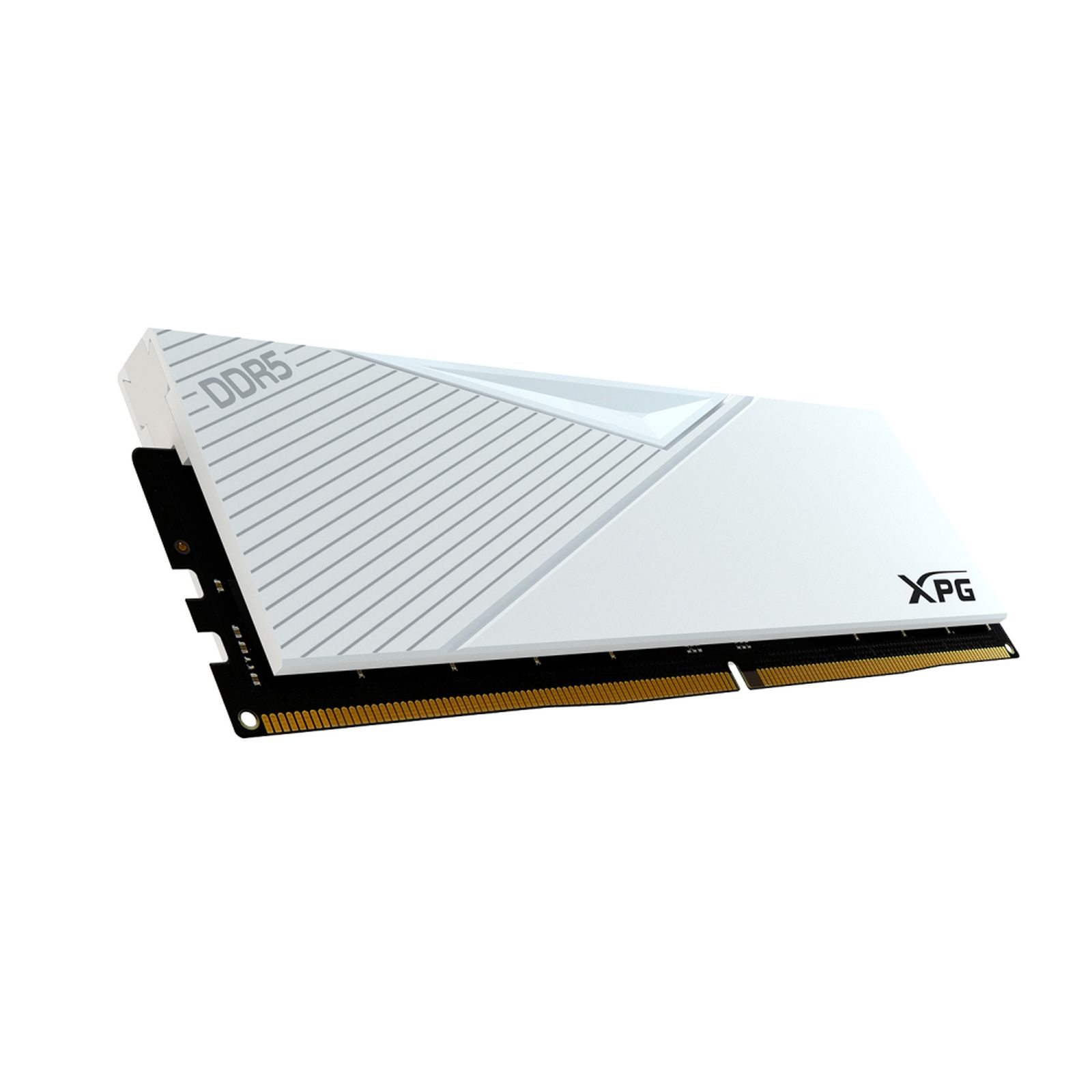 Gümüş çizgili ve siyah konnektörlü beyaz DDR5 RAM bellek.