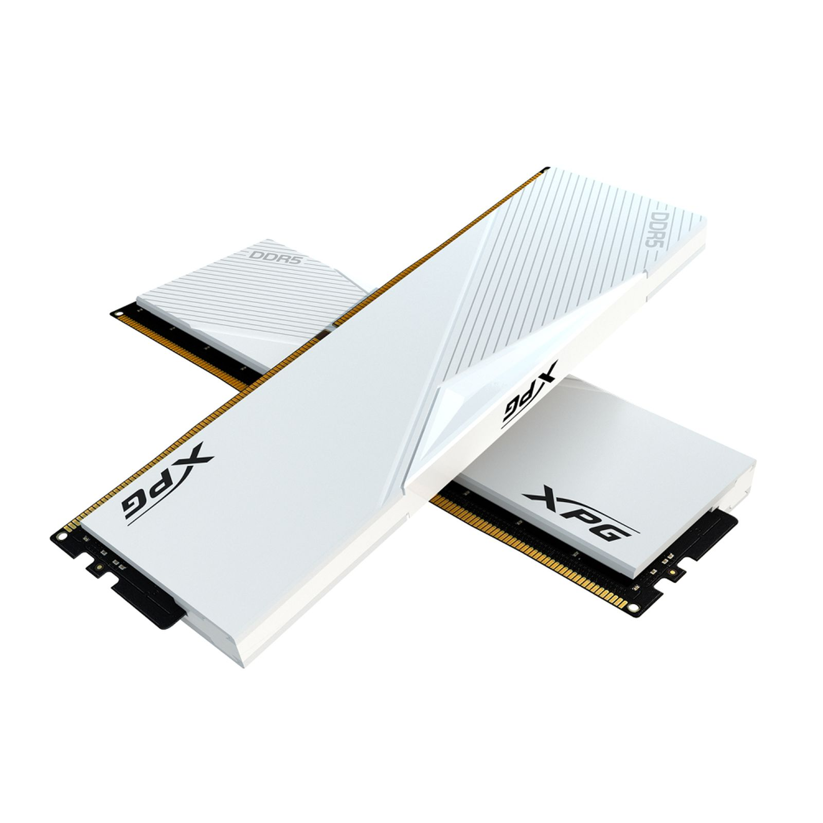 Beyaz arka planda çapraz duran iki beyaz XPG DDR5 RAM modülü.