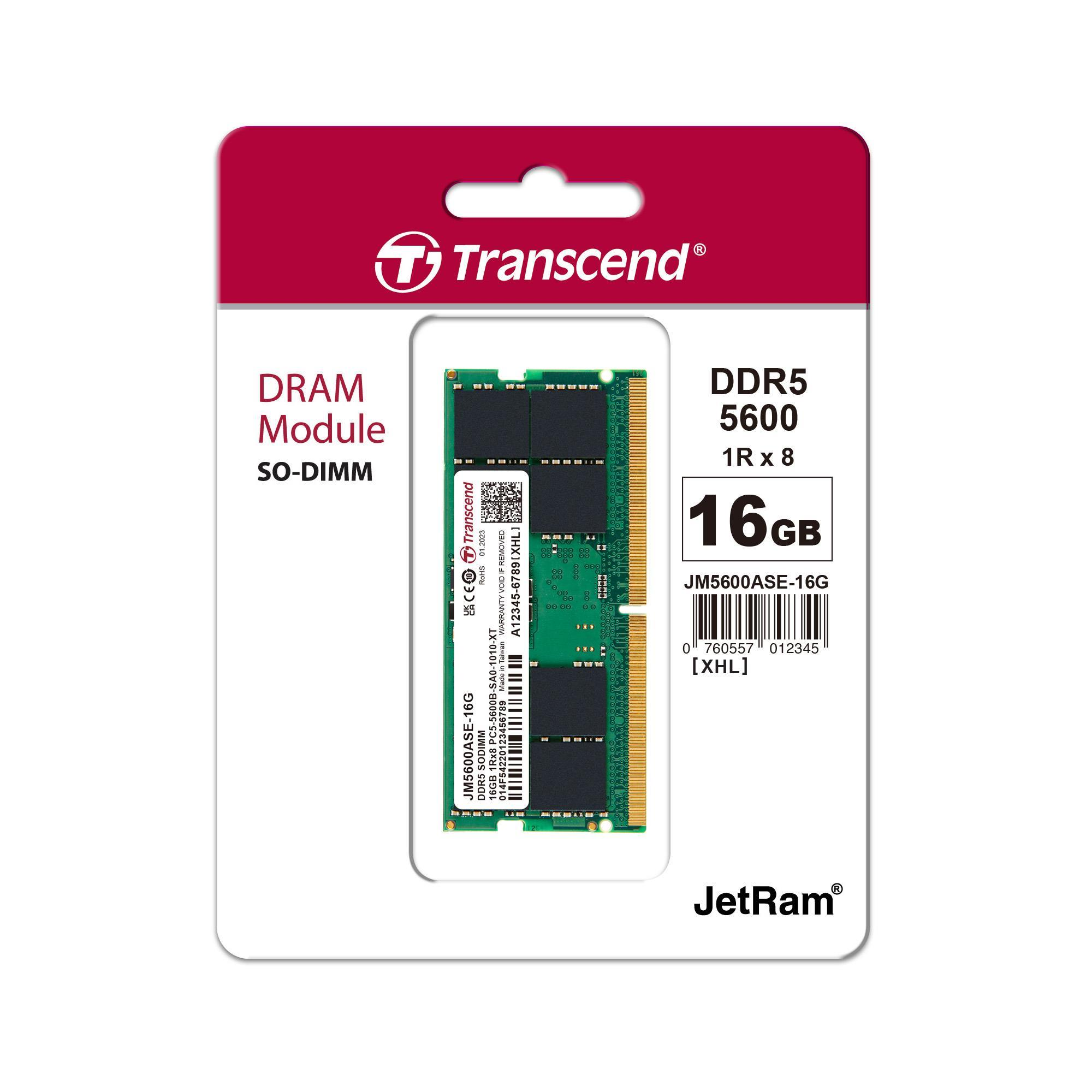 Moduł RAM Transcend DDR5 5600 16GB SO-DIMM w opakowaniu ze specyfikacją.