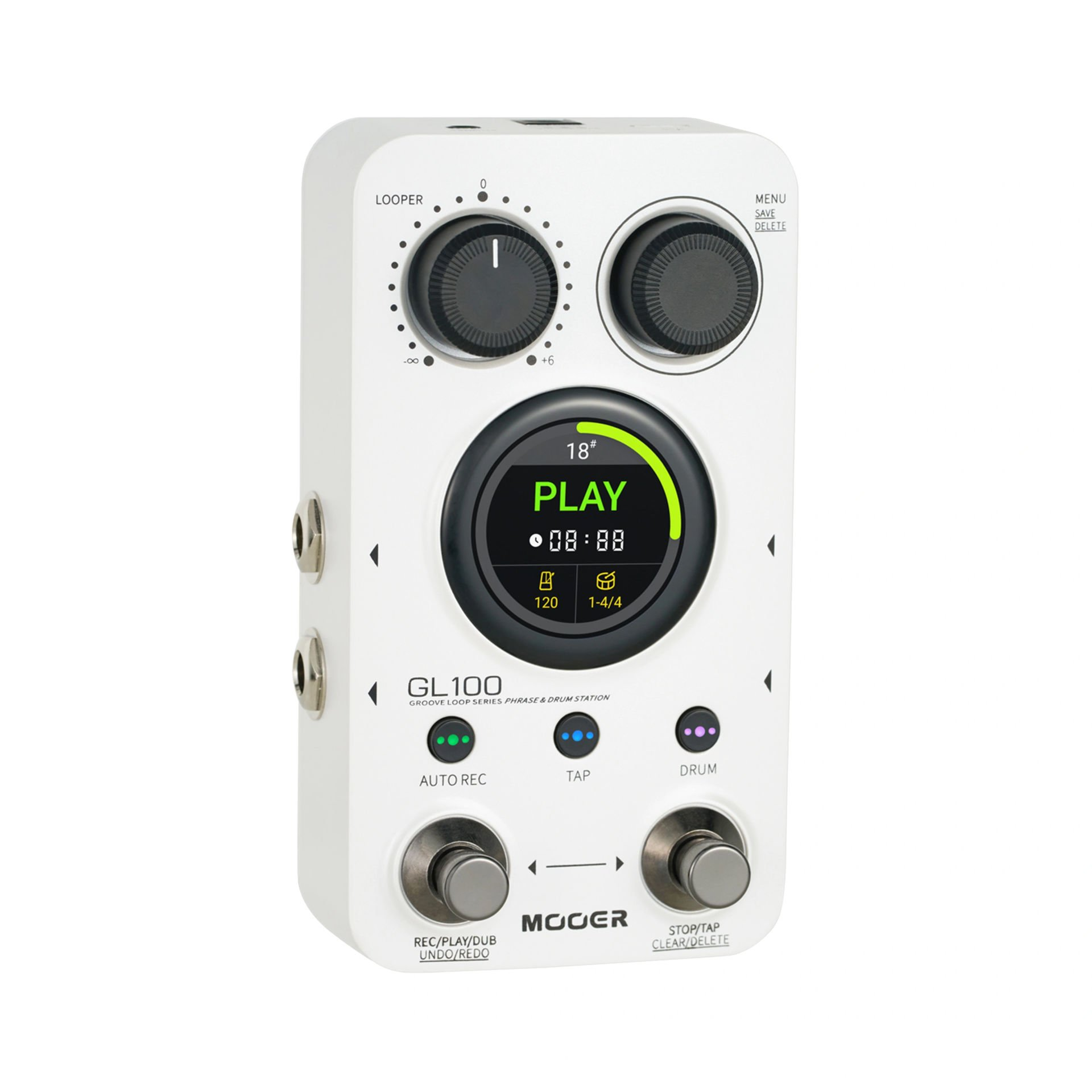Een wit Mooer GL100 pedaal met knoppen, scherm en toetsen.